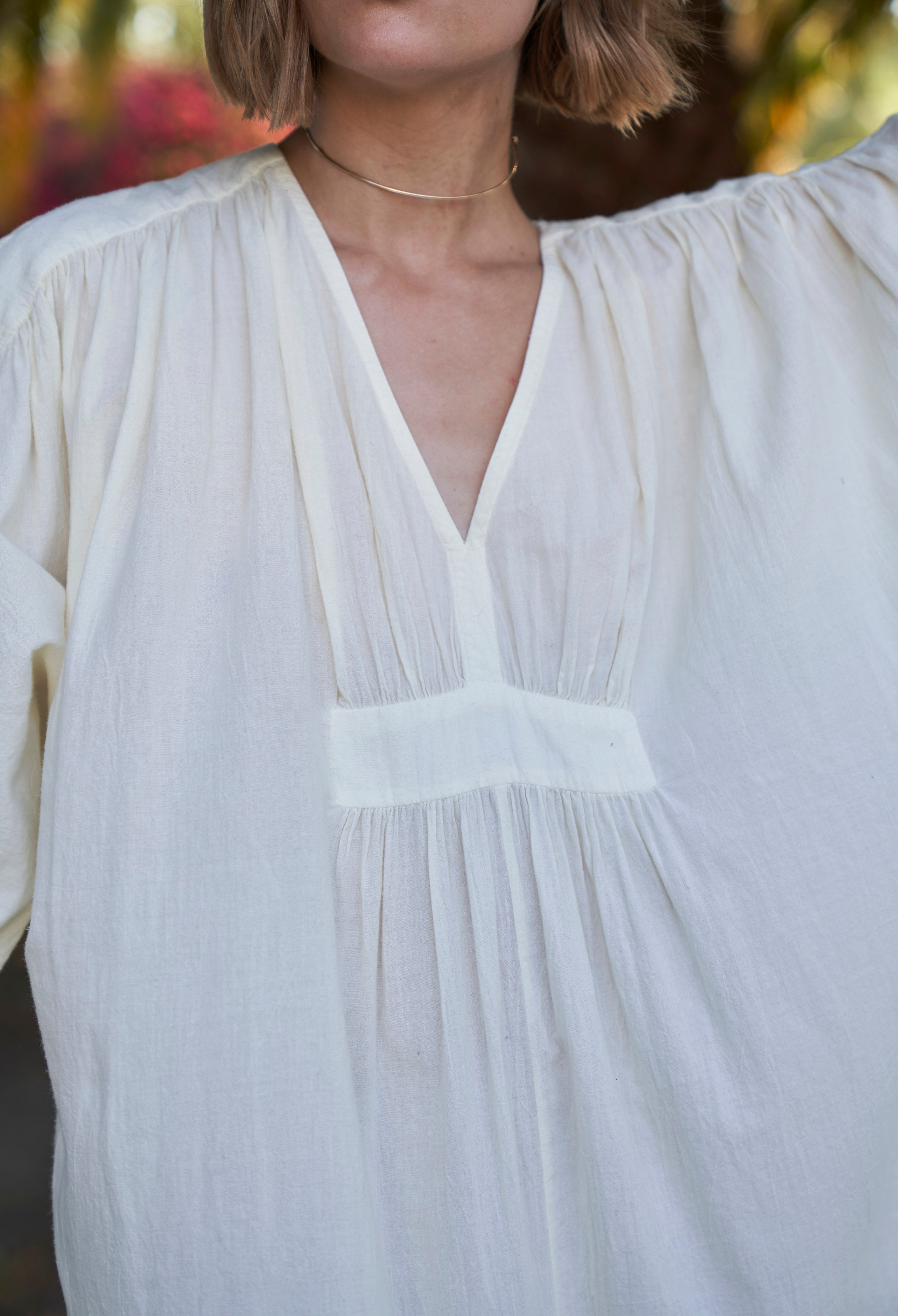 Ivory Rouched Shoulder Maxi Cotton Caftan