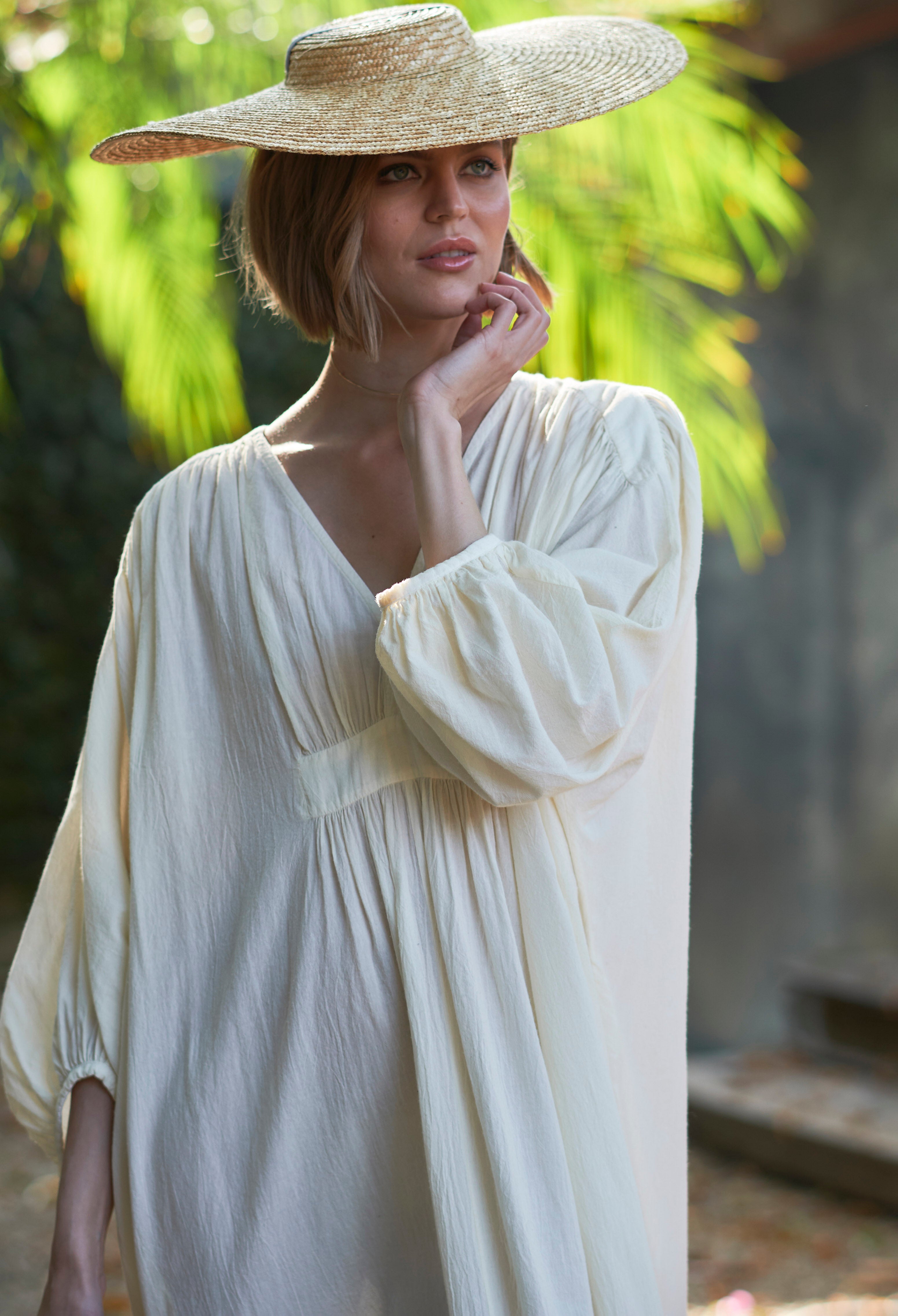 Ivory Rouched Shoulder Maxi Cotton Caftan