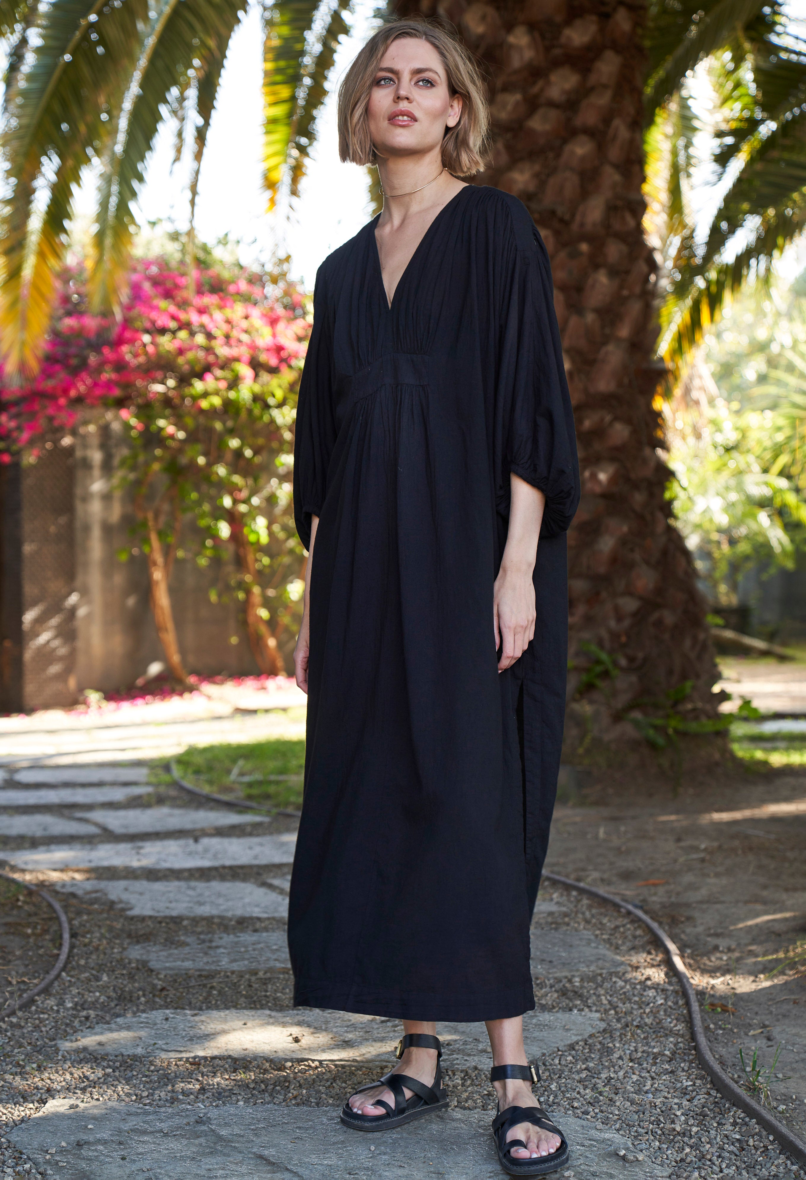 Black Rouched Shoulder Maxi Cotton Caftan