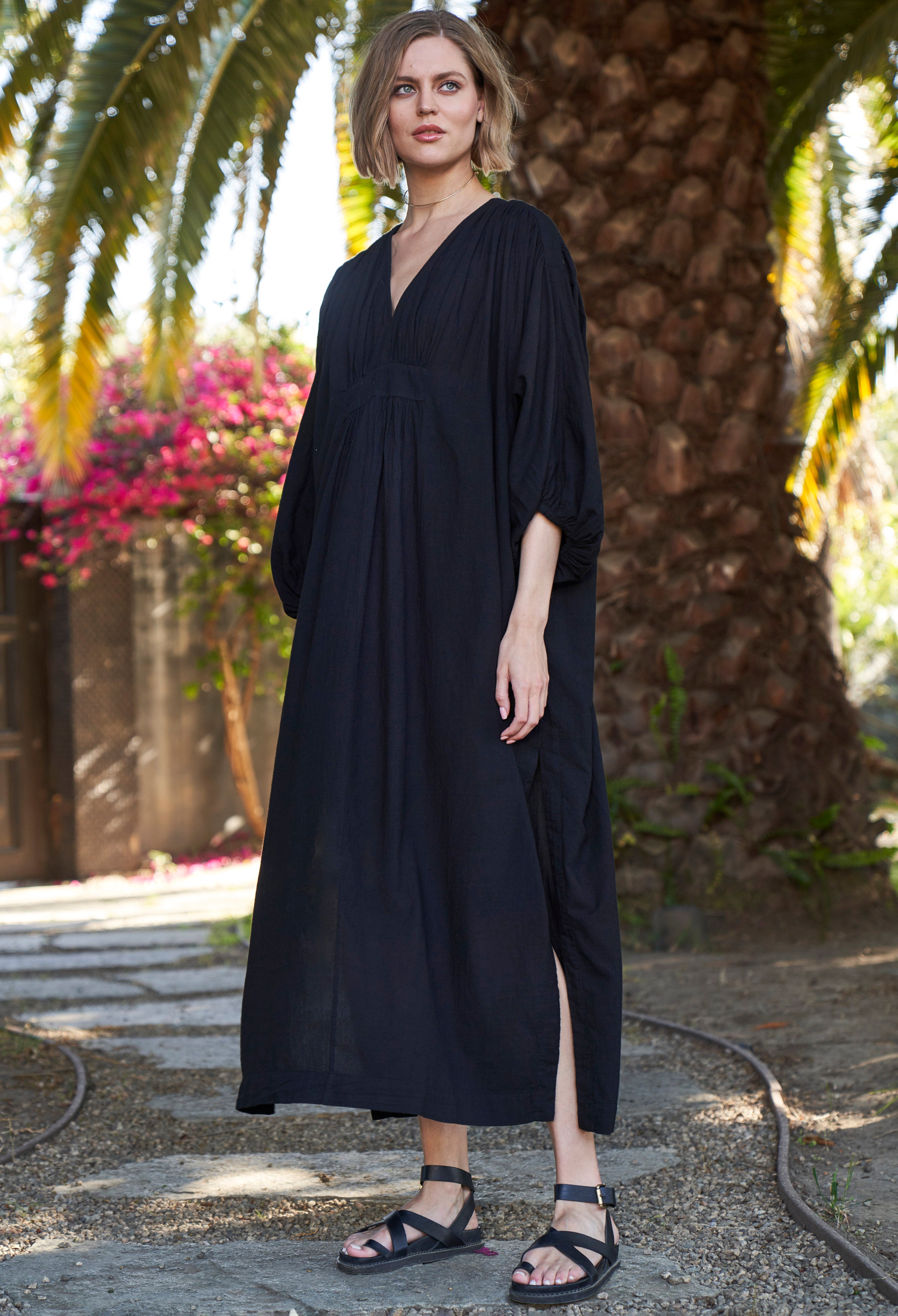 Black Rouched Shoulder Maxi Cotton Caftan