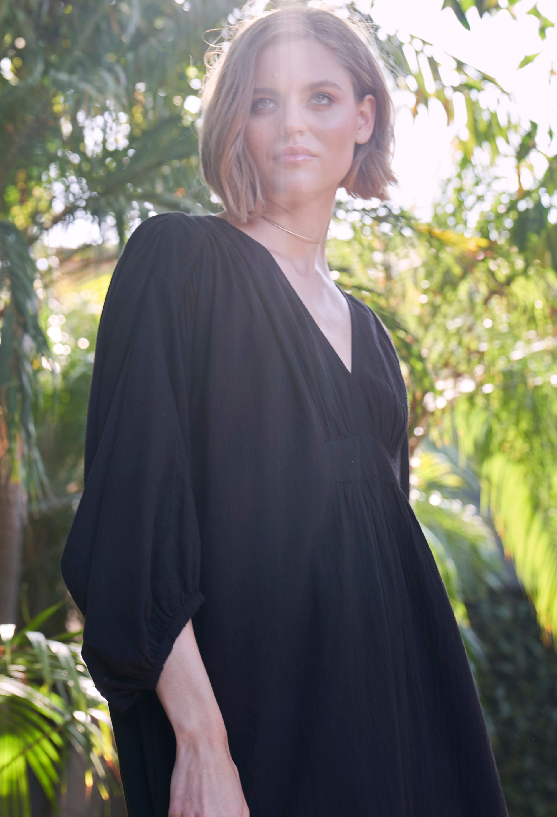 Black Rouched Shoulder Maxi Cotton Caftan