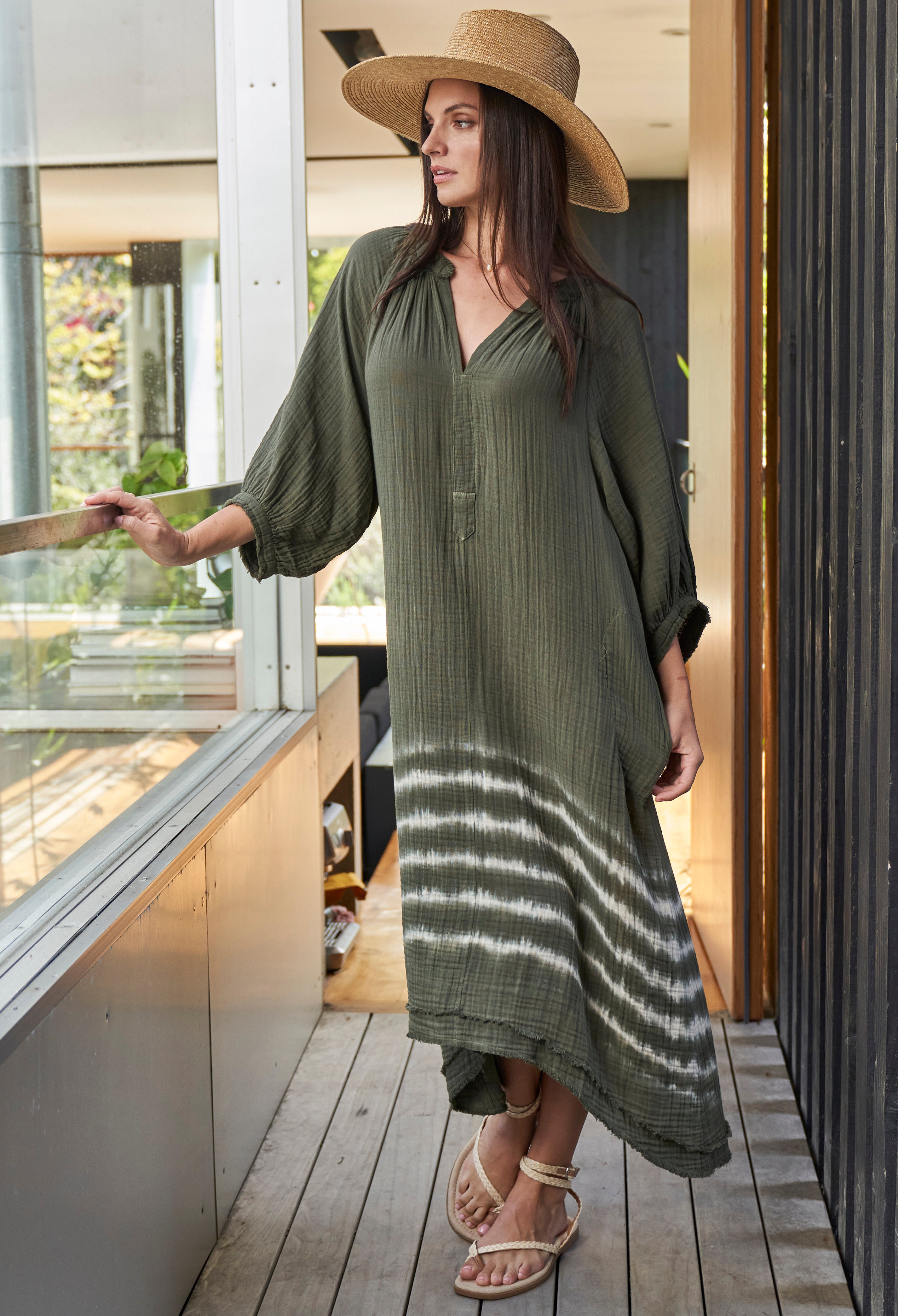 Sage Green Tie Dye Gauze Dress with Pockets