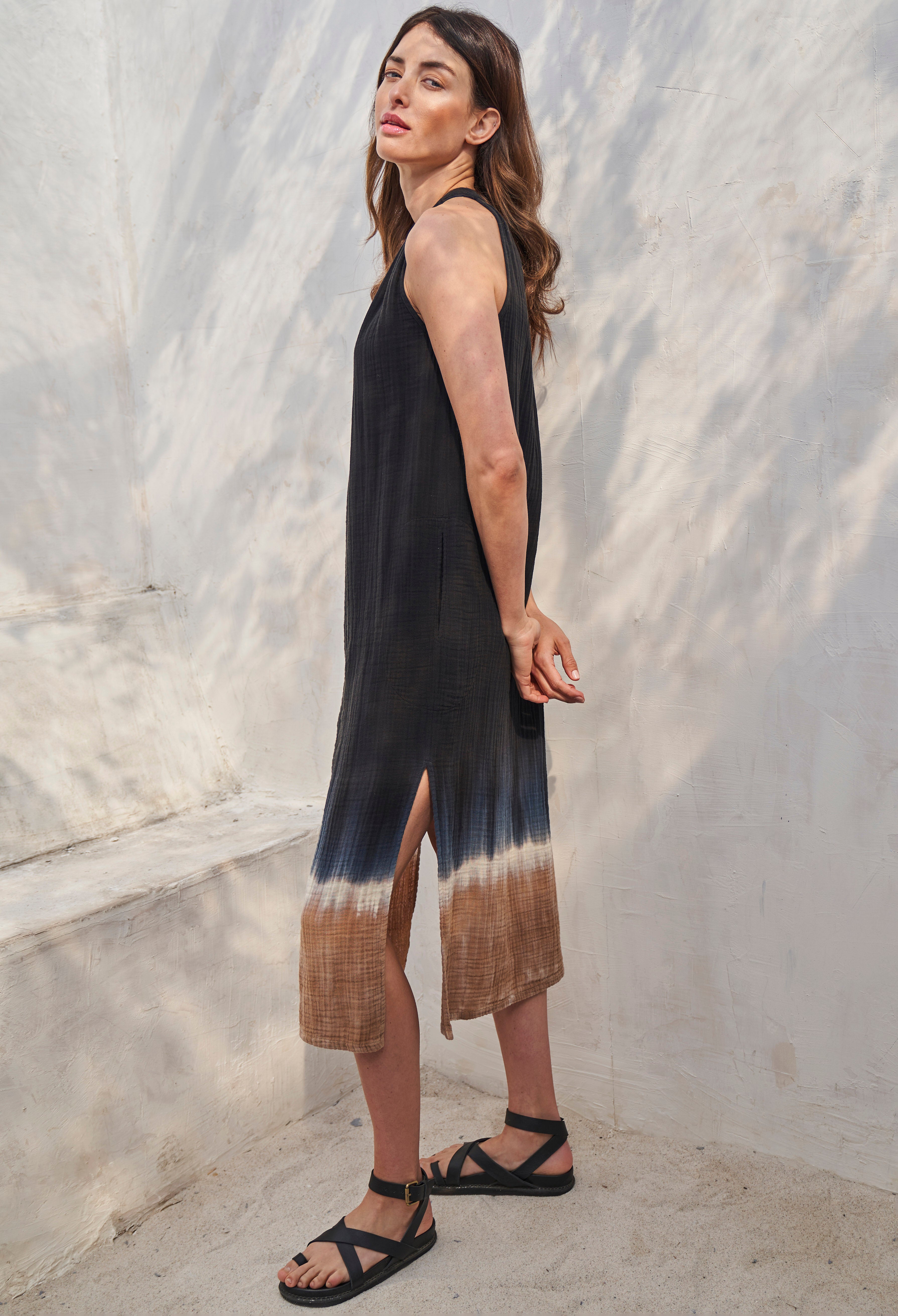 Sleeveless Black Sand Gauze Midi Dress with Pockets