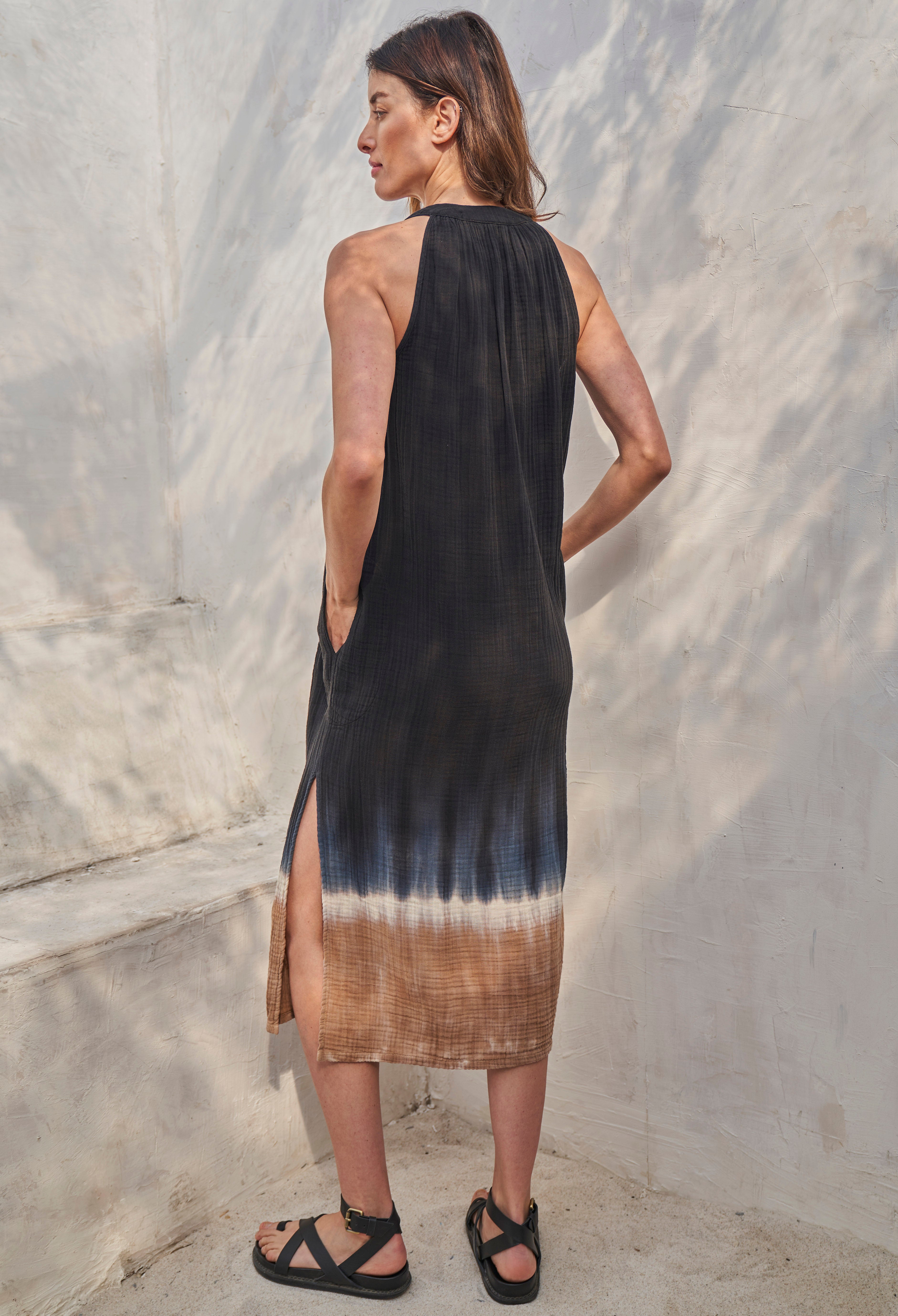 Sleeveless Black Sand Gauze Midi Dress with Pockets