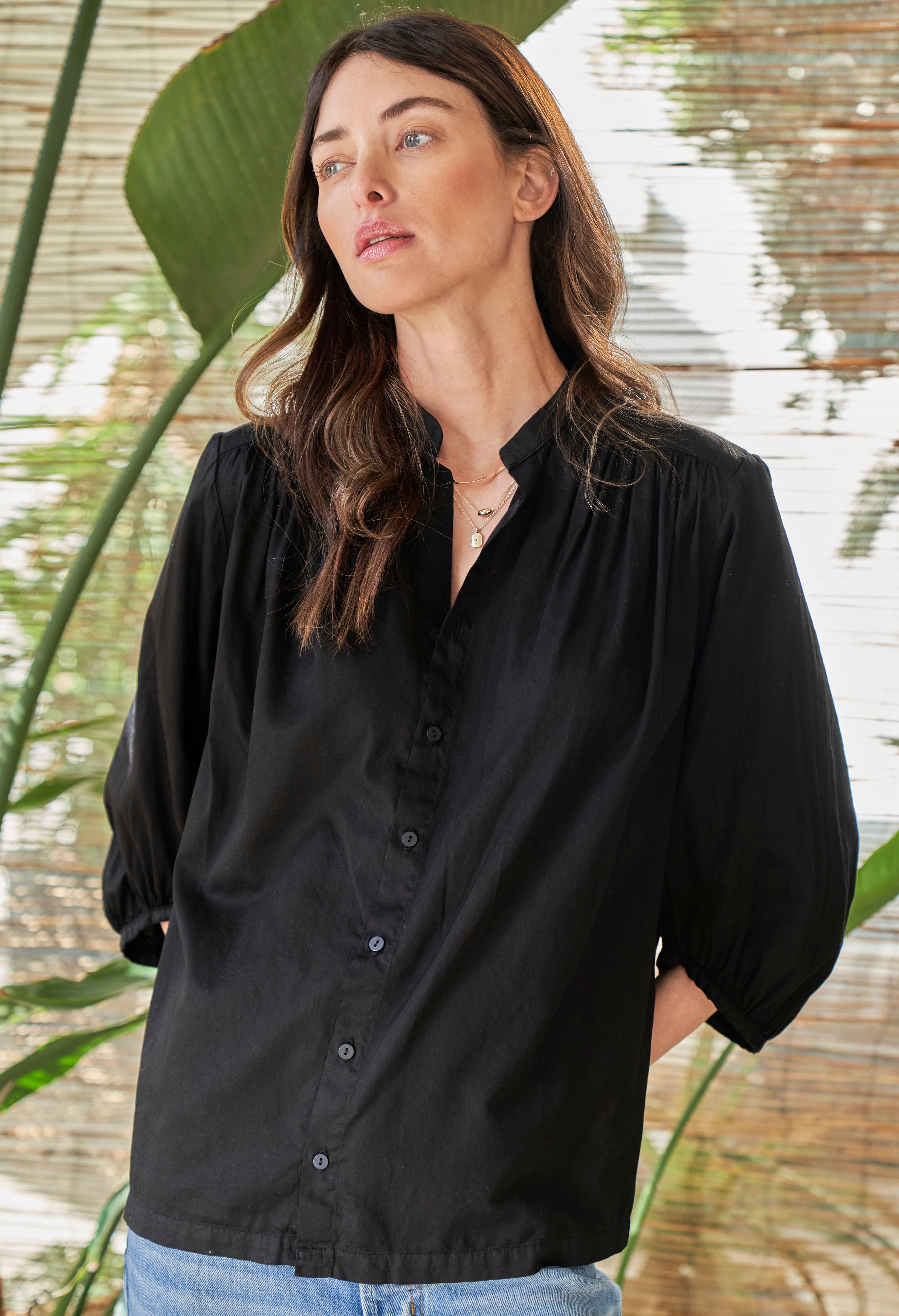 Black Cotton Poplin Peasant Top