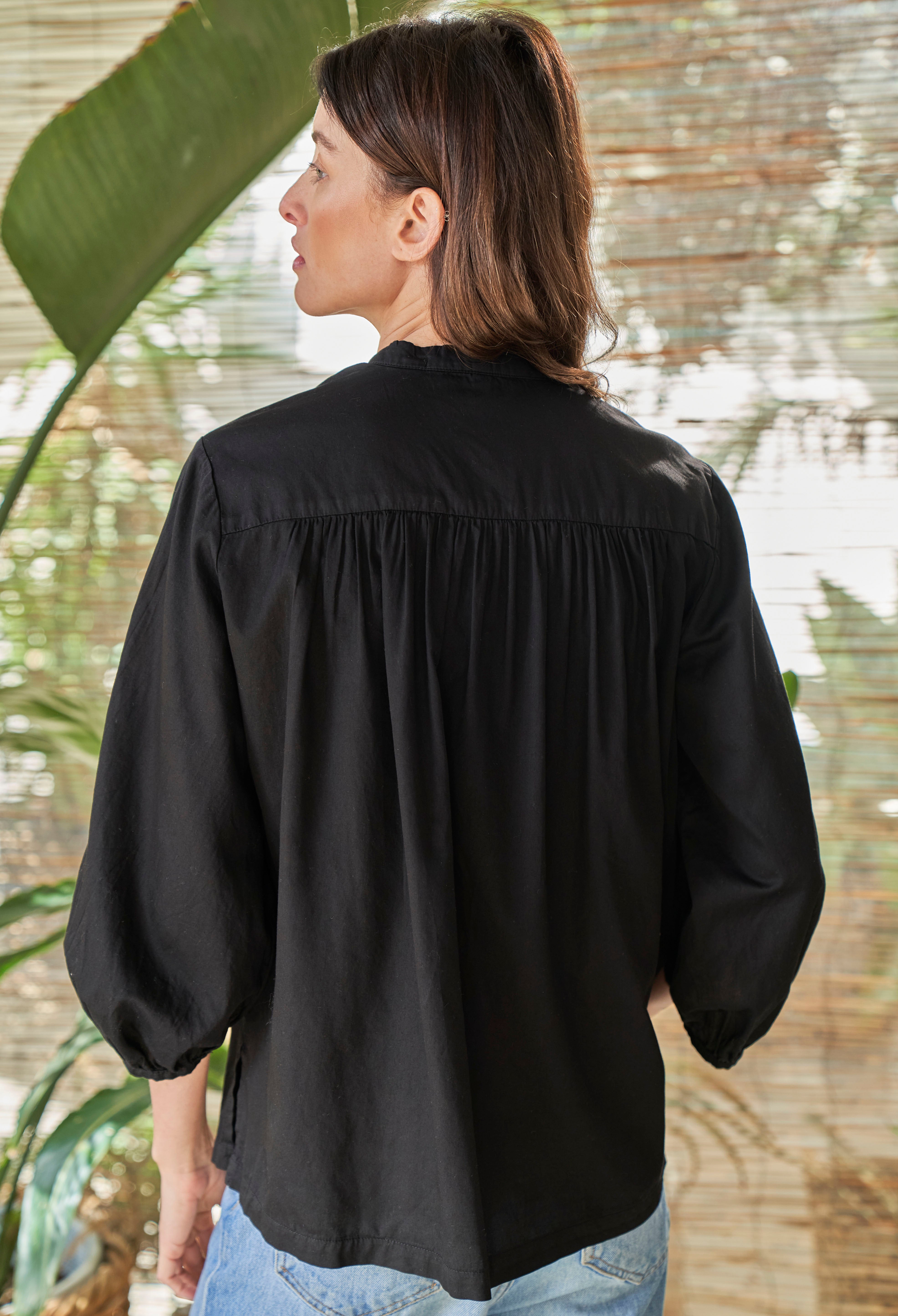 Black Cotton Poplin Peasant Top
