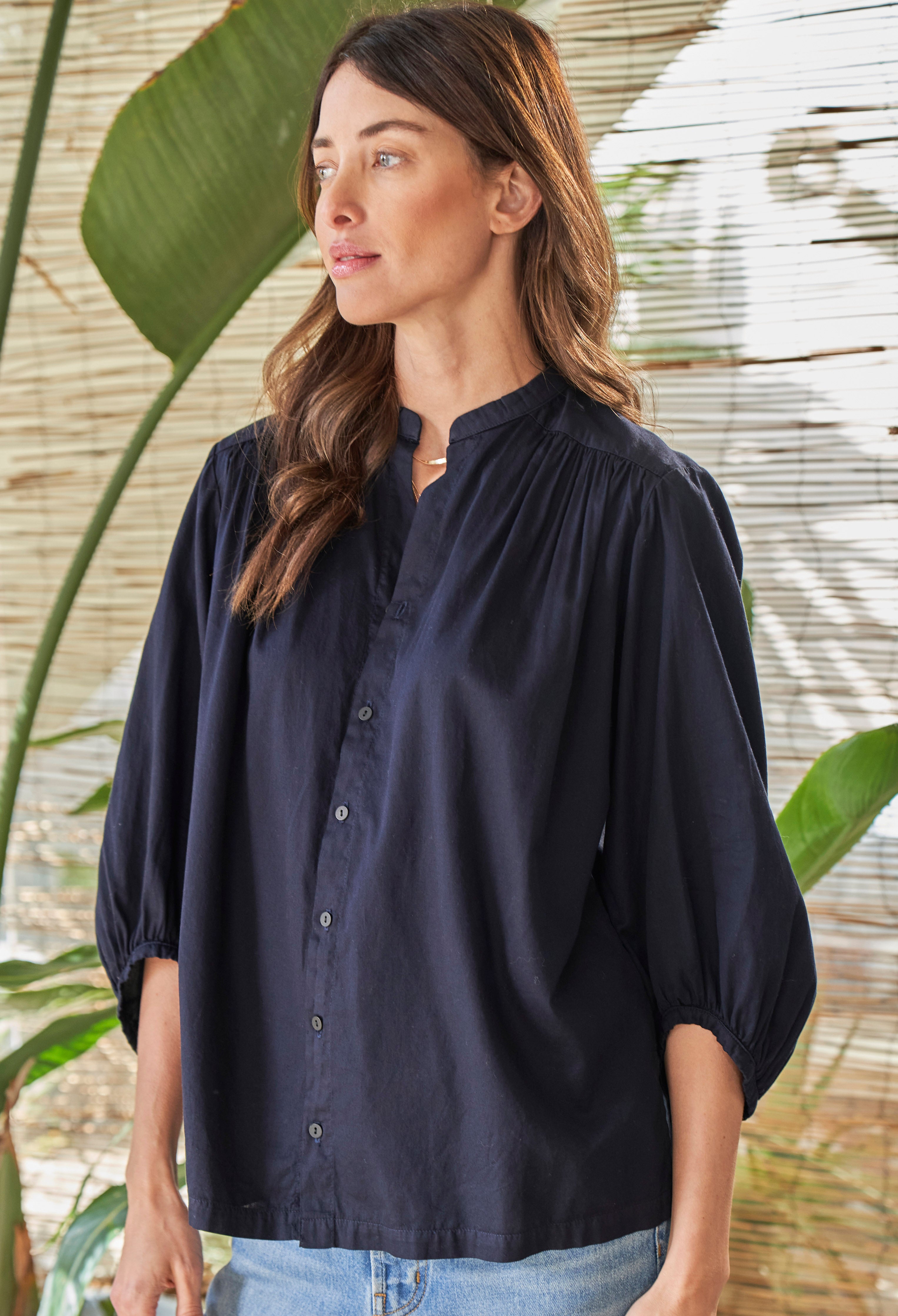 Navy Cotton Poplin Peasant Top