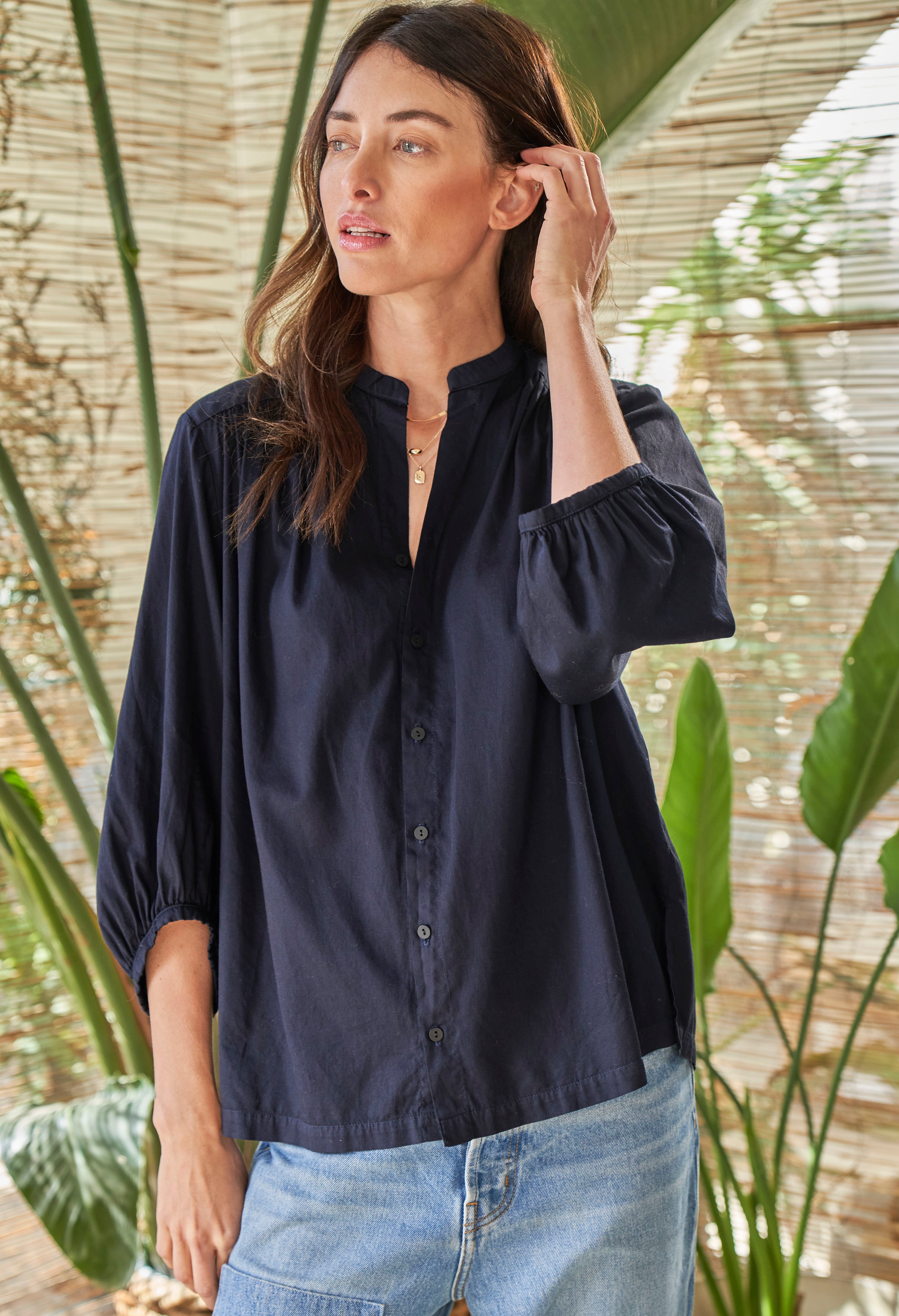 Navy Cotton Poplin Peasant Top
