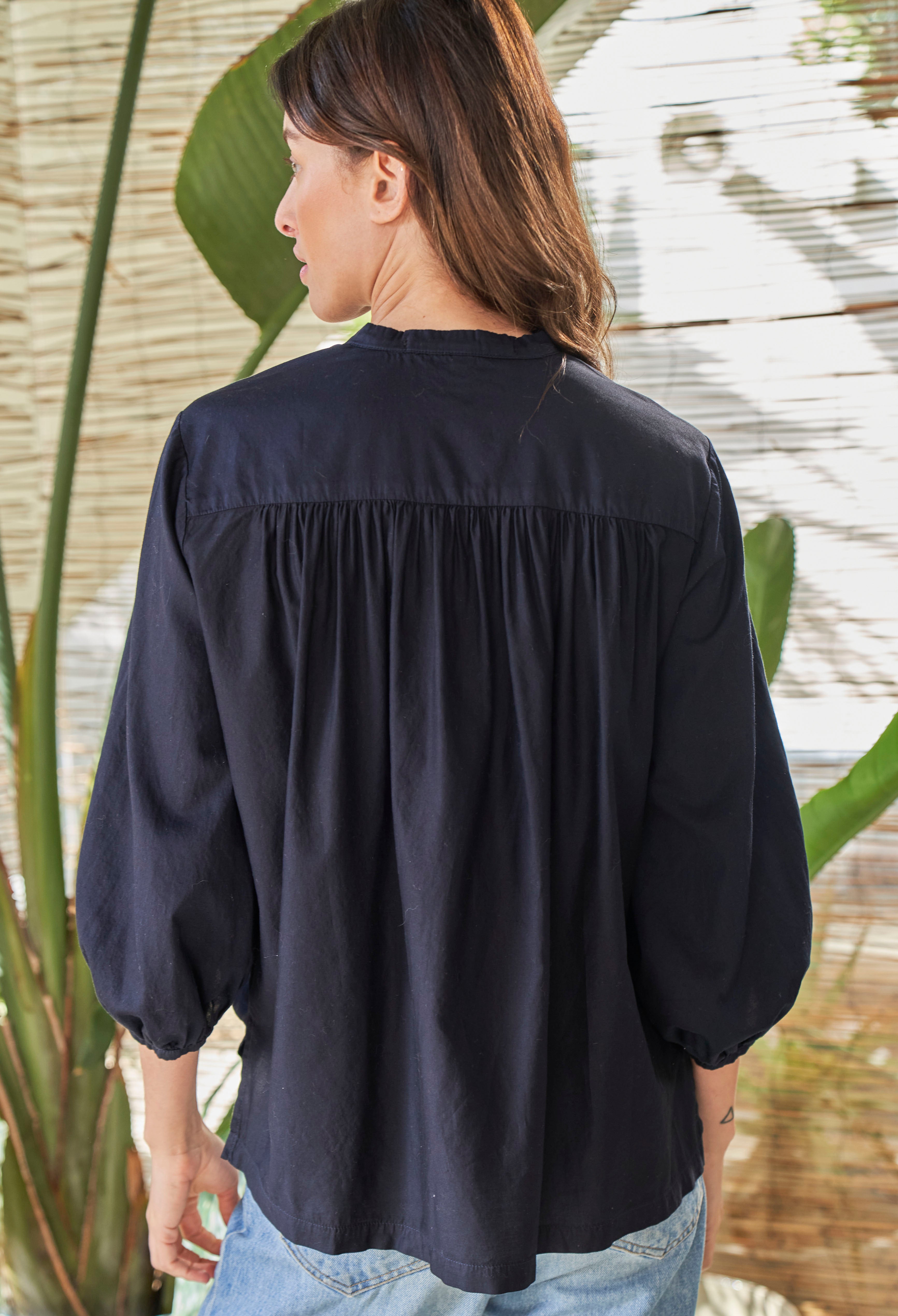 Navy Cotton Poplin Peasant Top