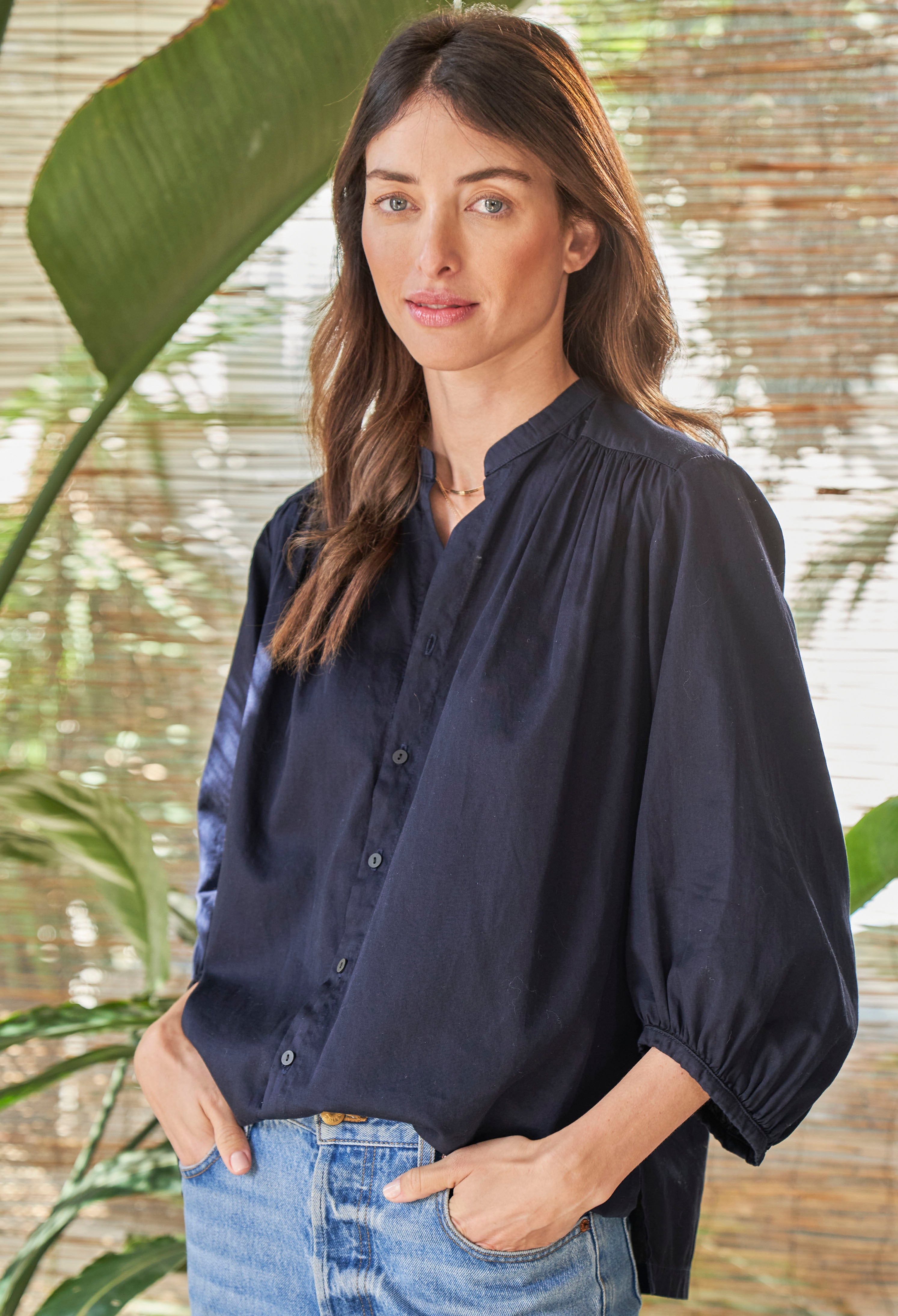 Navy Cotton Poplin Peasant Top