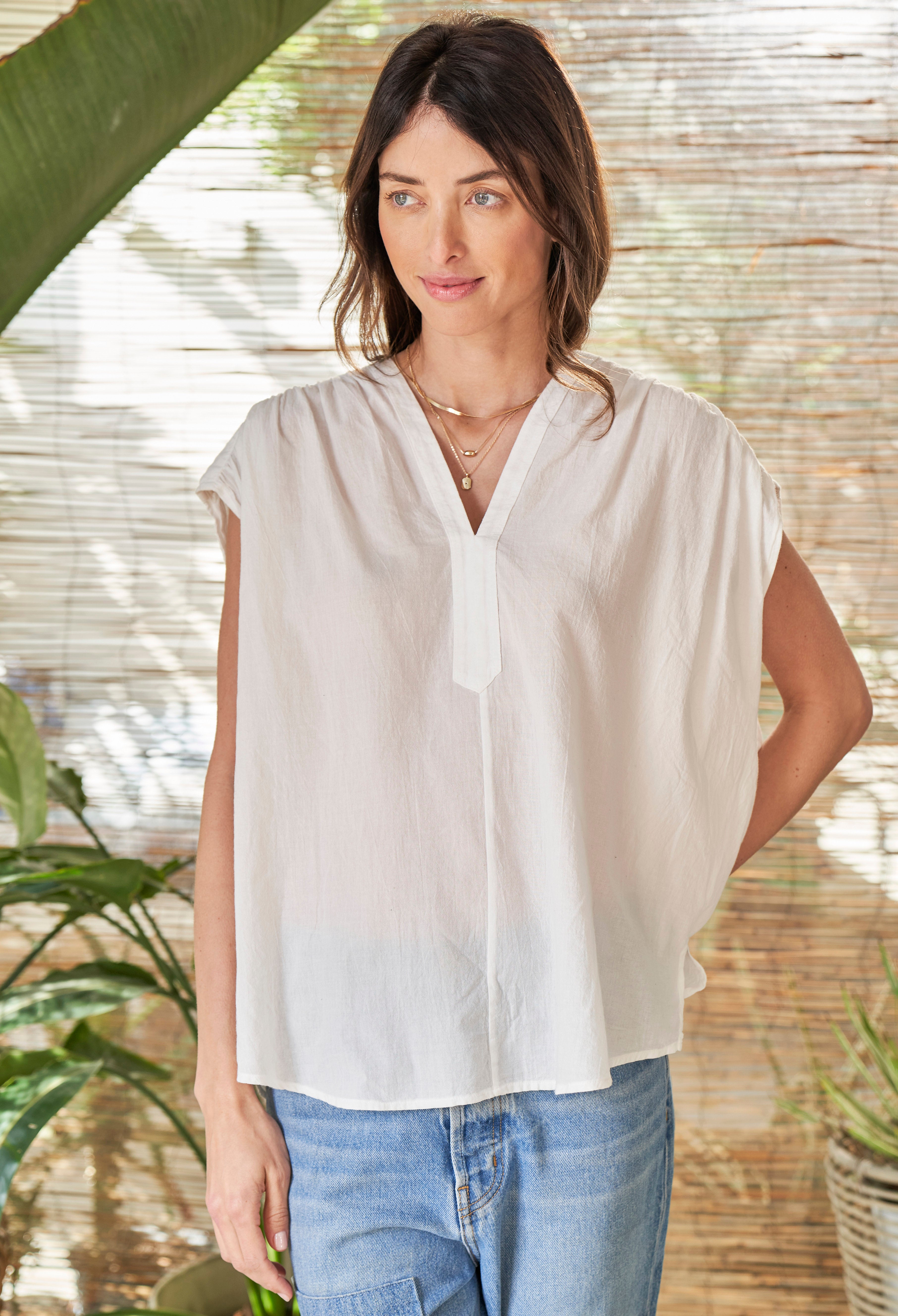 White Rouched Shoulder Sleeveless Cotton Top - Sale