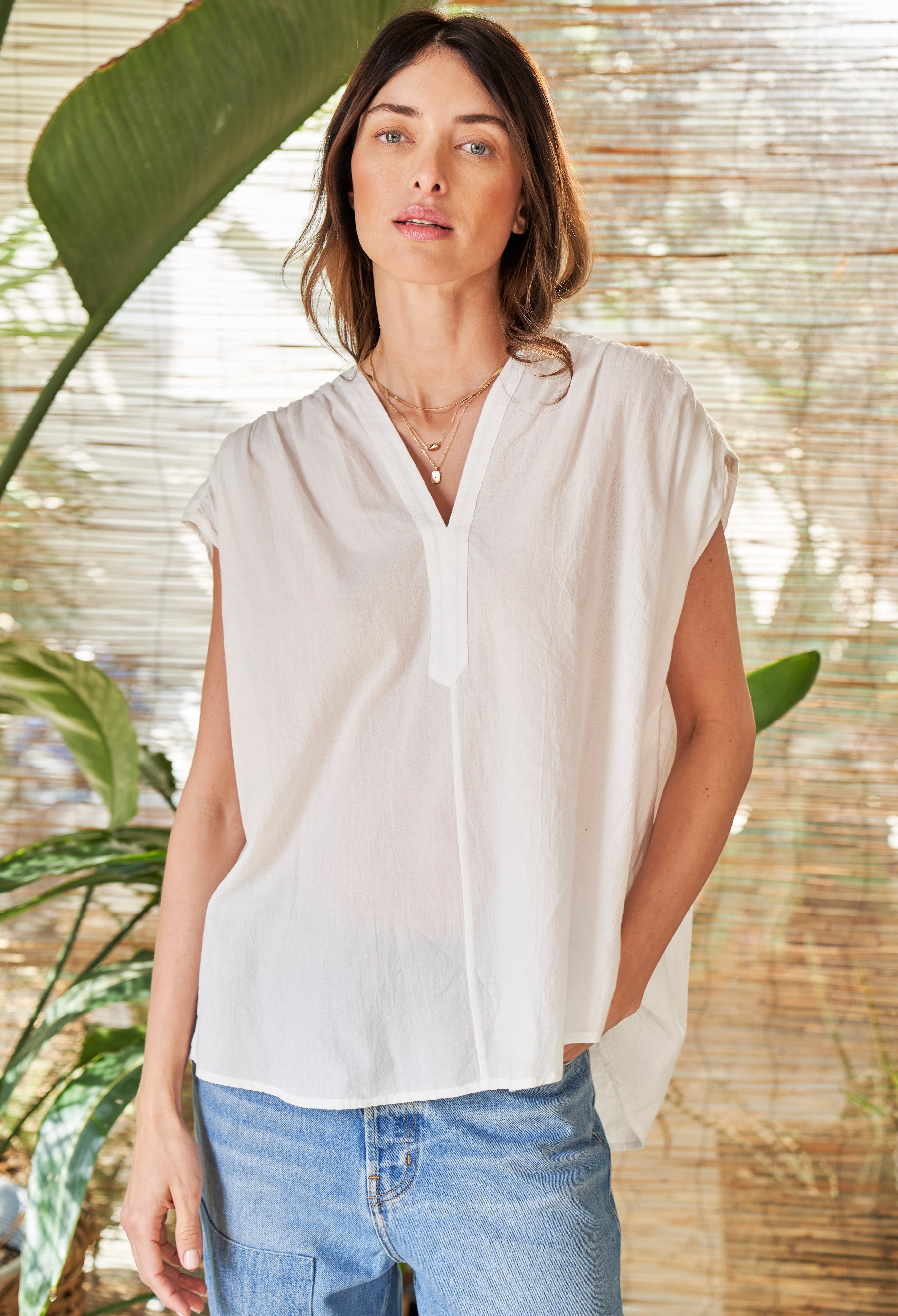 White Rouched Shoulder Sleeveless Cotton Top - Sale