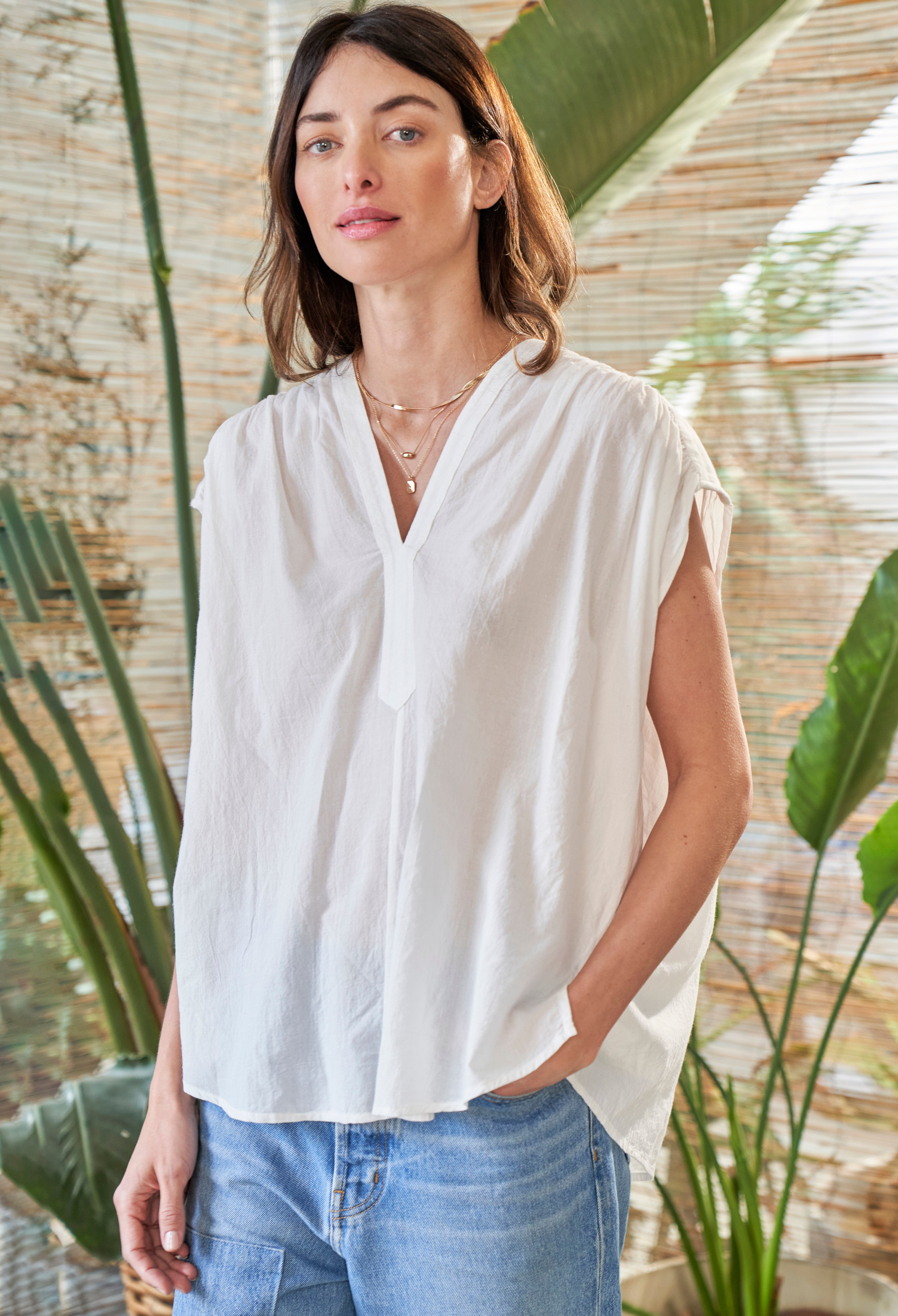 White Rouched Shoulder Sleeveless Cotton Top - Sale