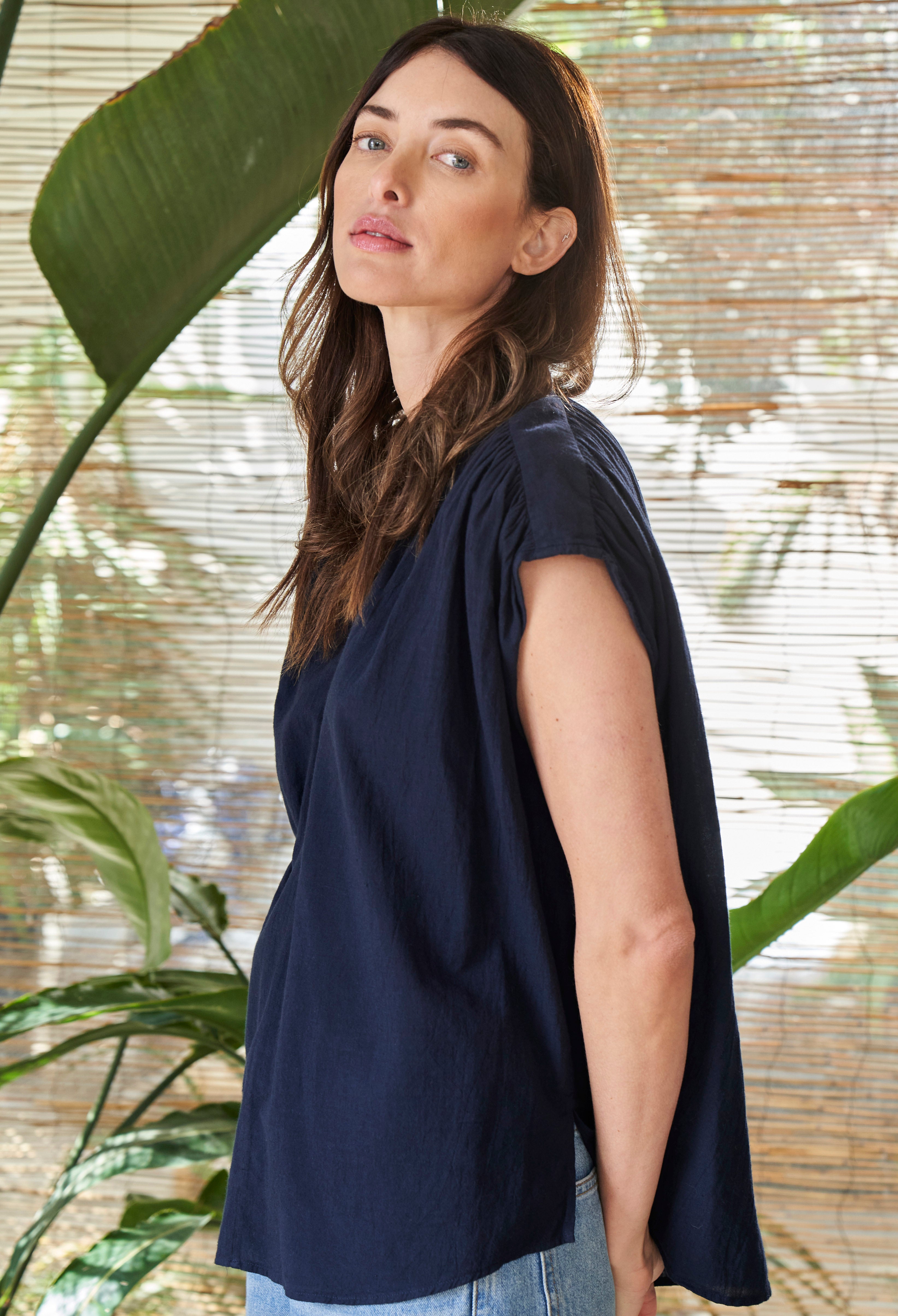 Navy Rouched Shoulder Sleeveless Cotton Top