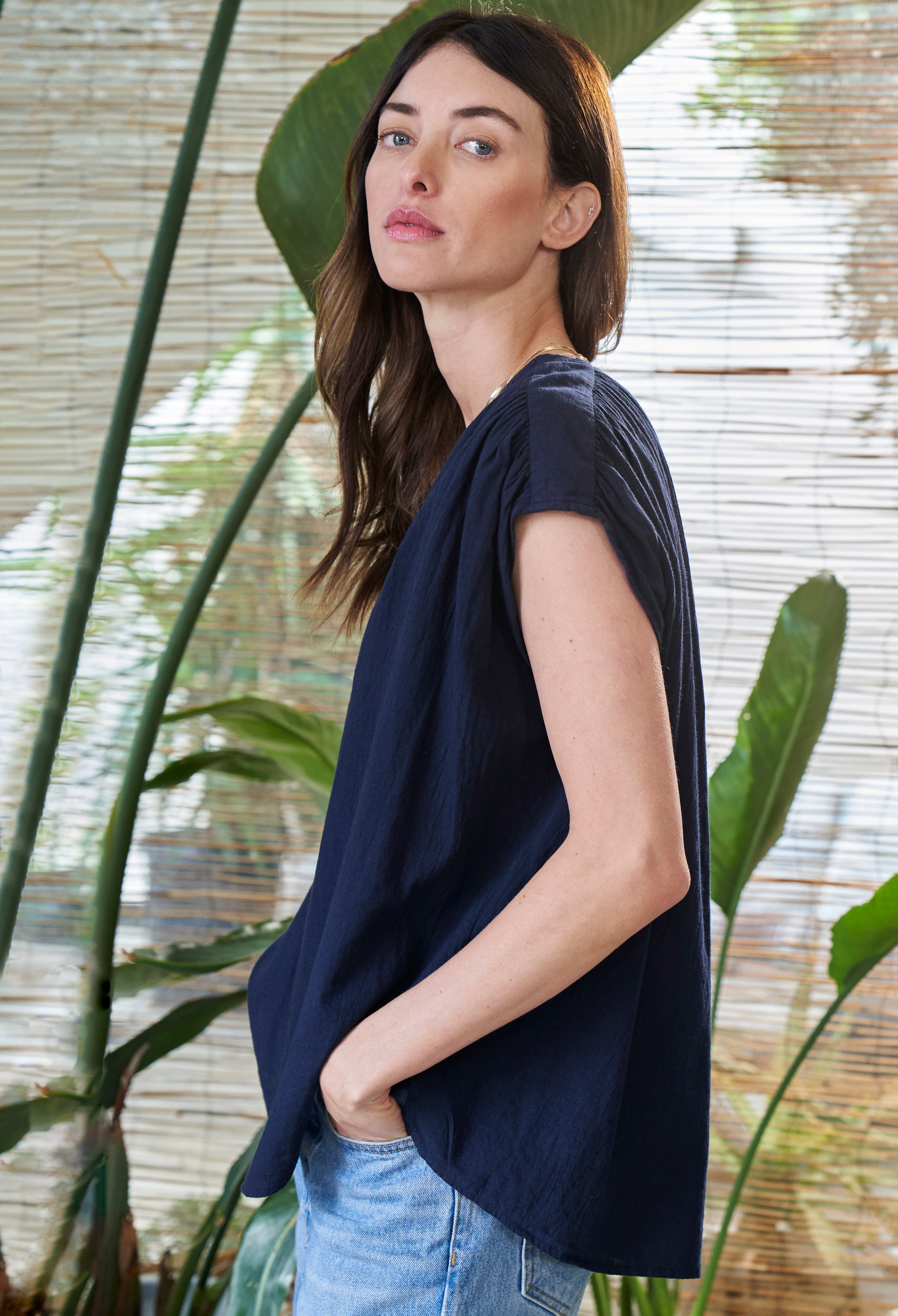 Navy Rouched Shoulder Sleeveless Cotton Top