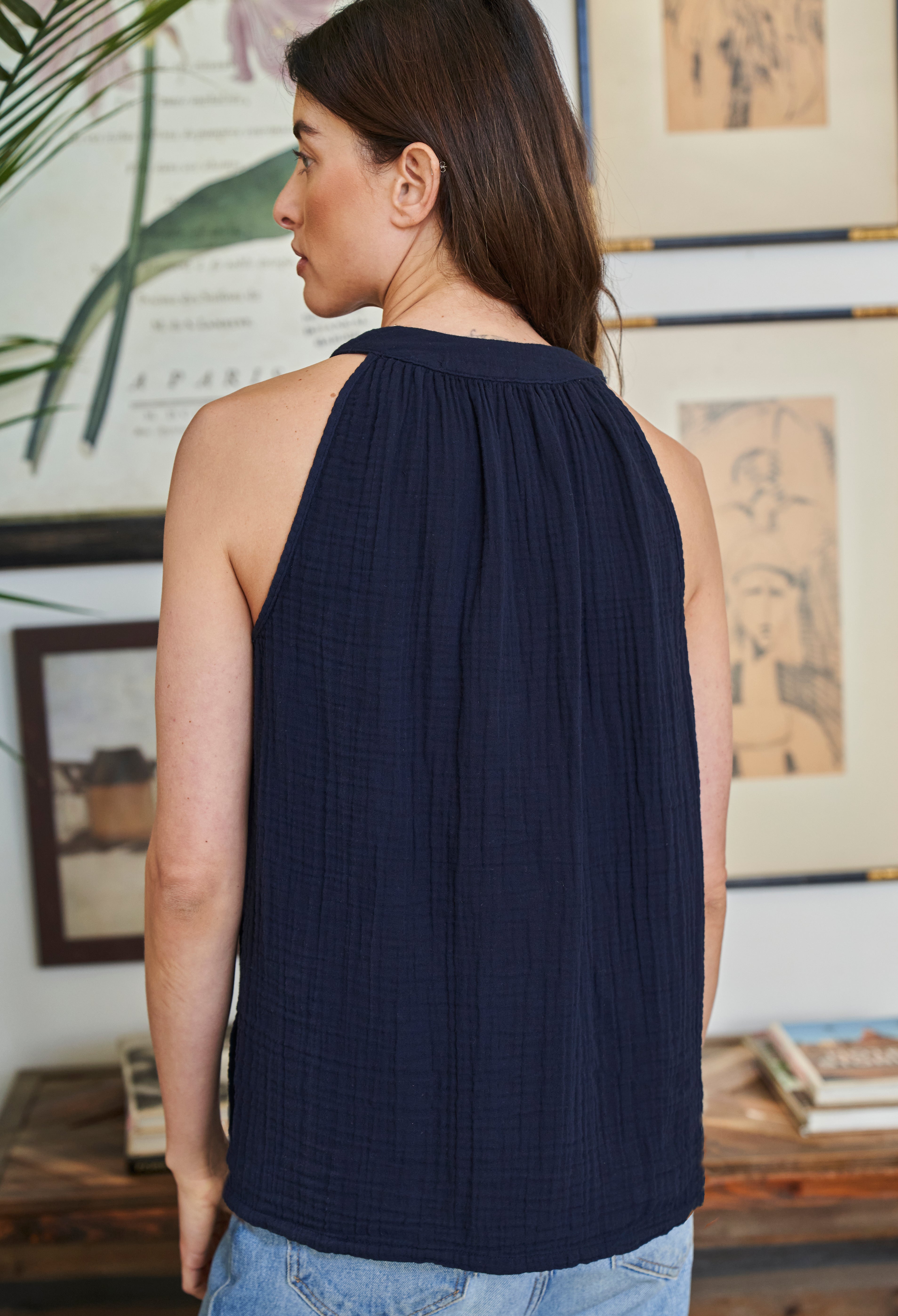 Navy Sleeveless Gauze Top - Sale