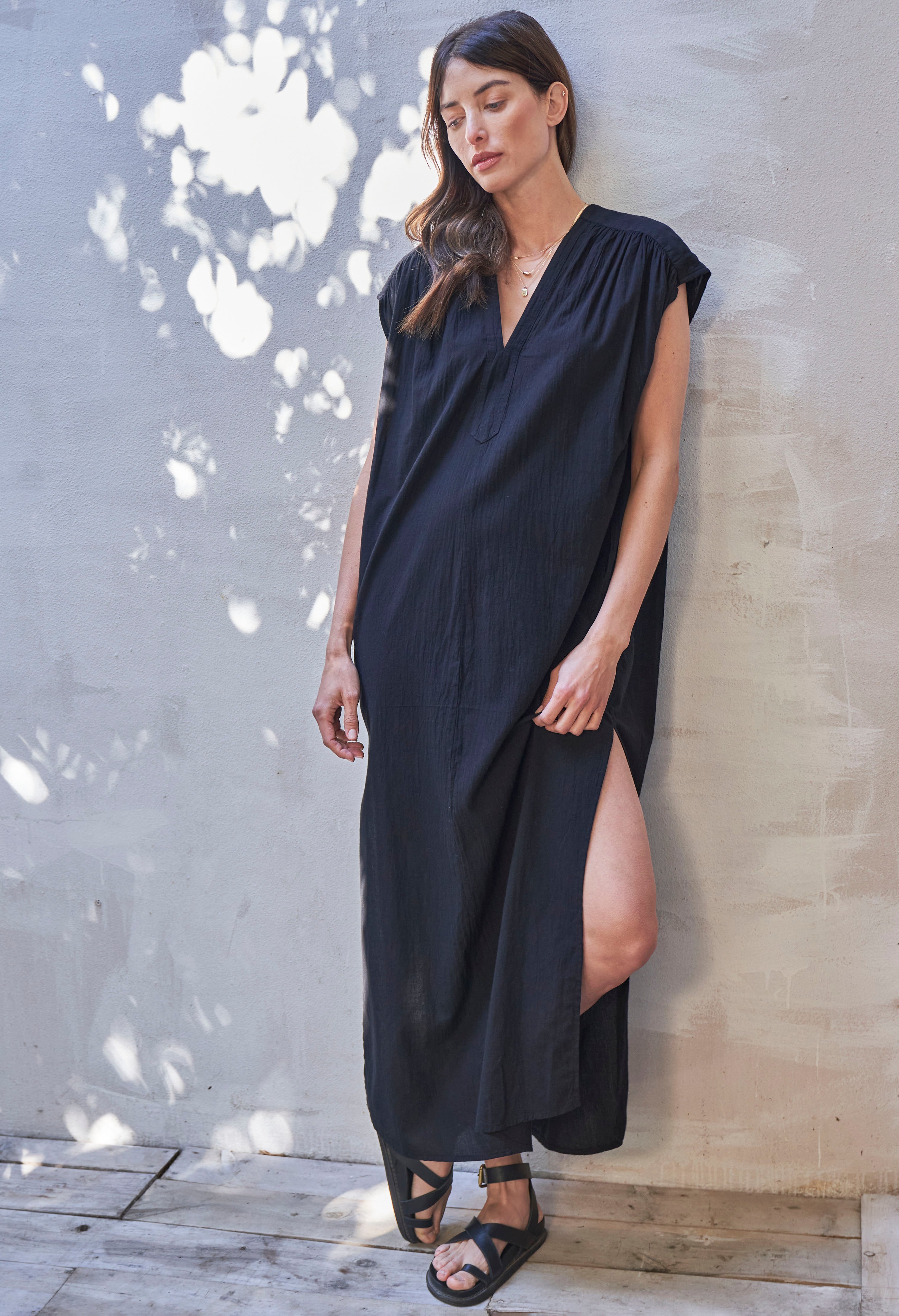 Black Sleeveless Long Rouched Shoulder Maxi Cotton Tunic