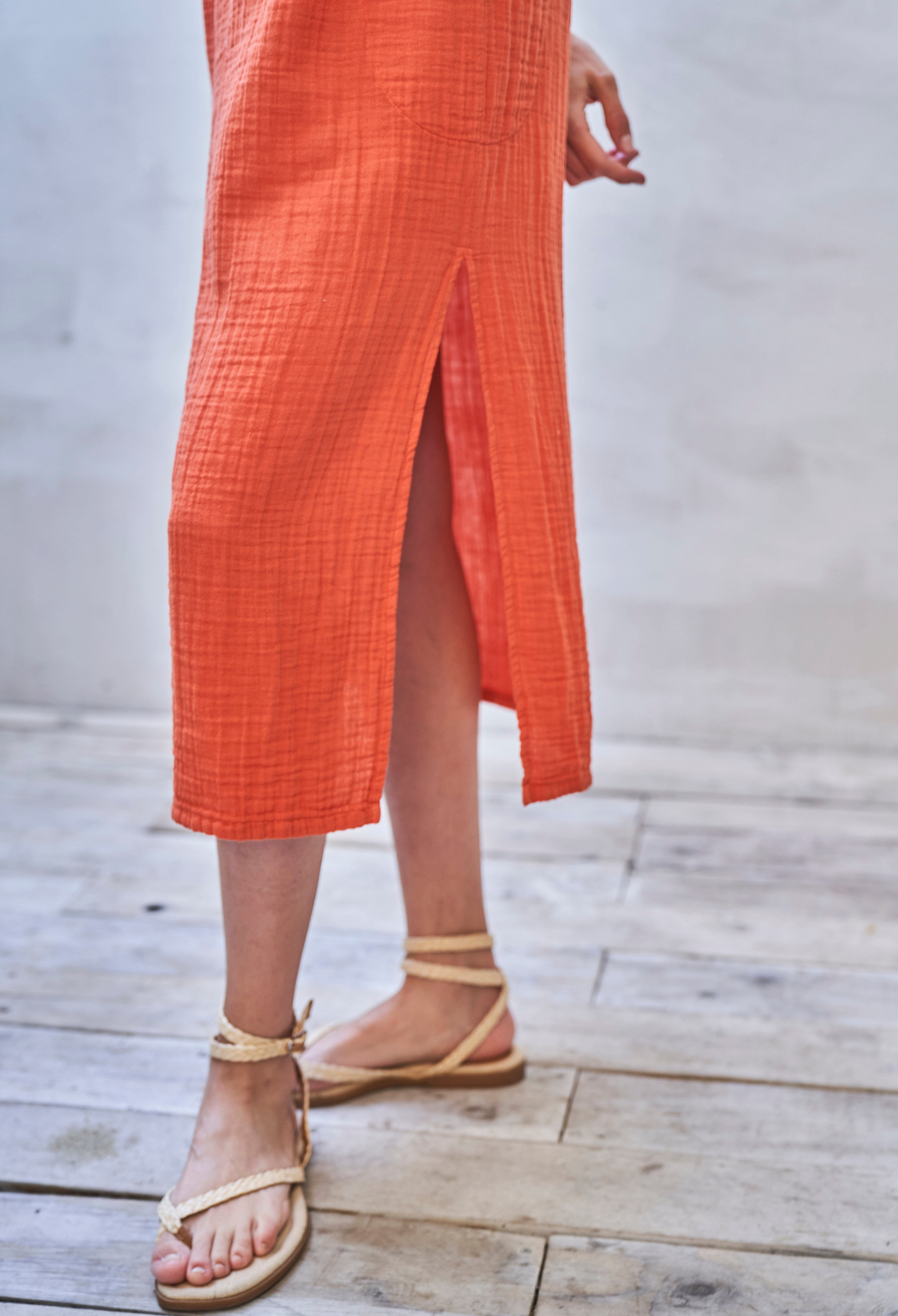 Saffron Sleeveless Gauze Midi Dress with Pockets
