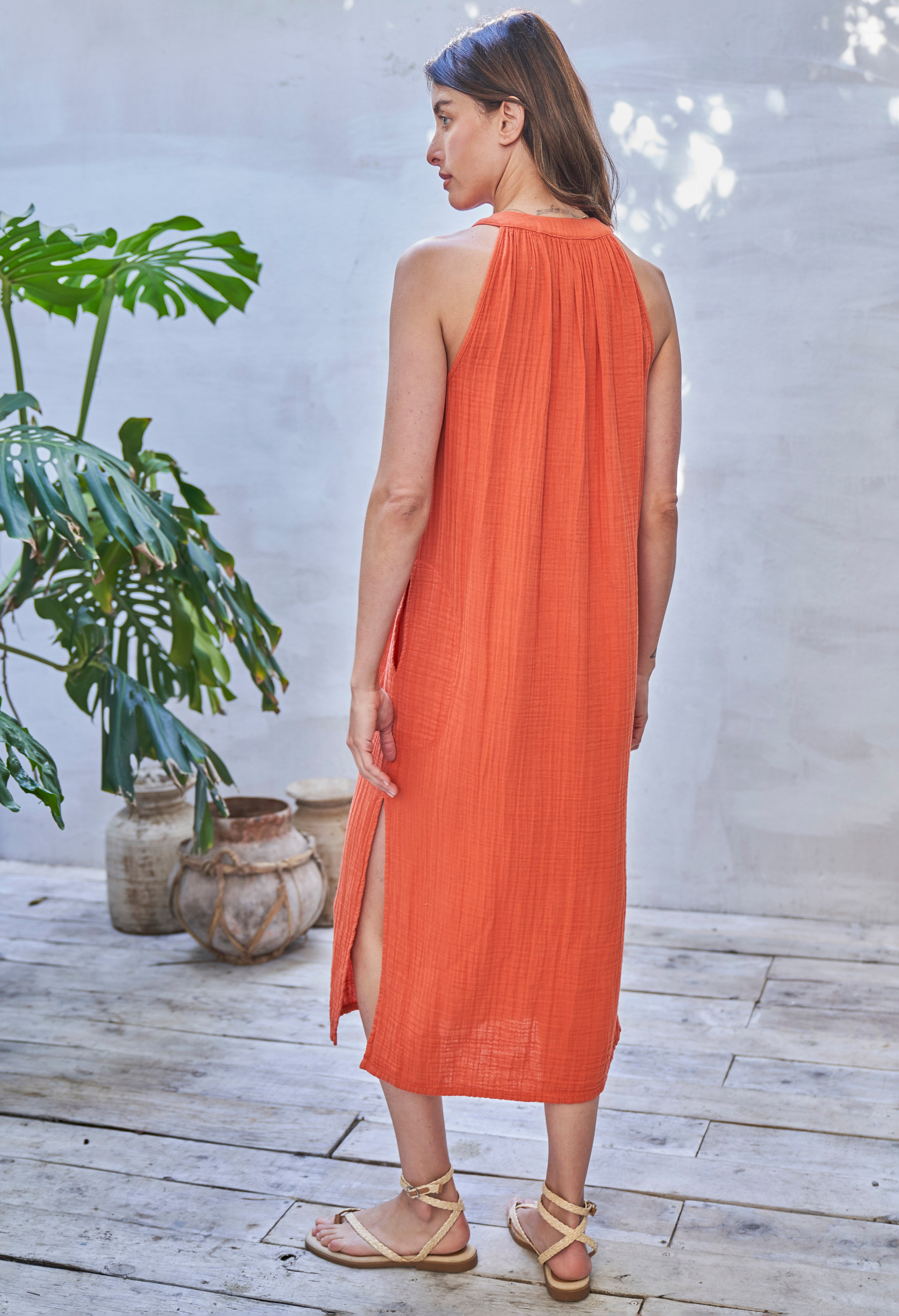 Saffron Sleeveless Gauze Midi Dress with Pockets