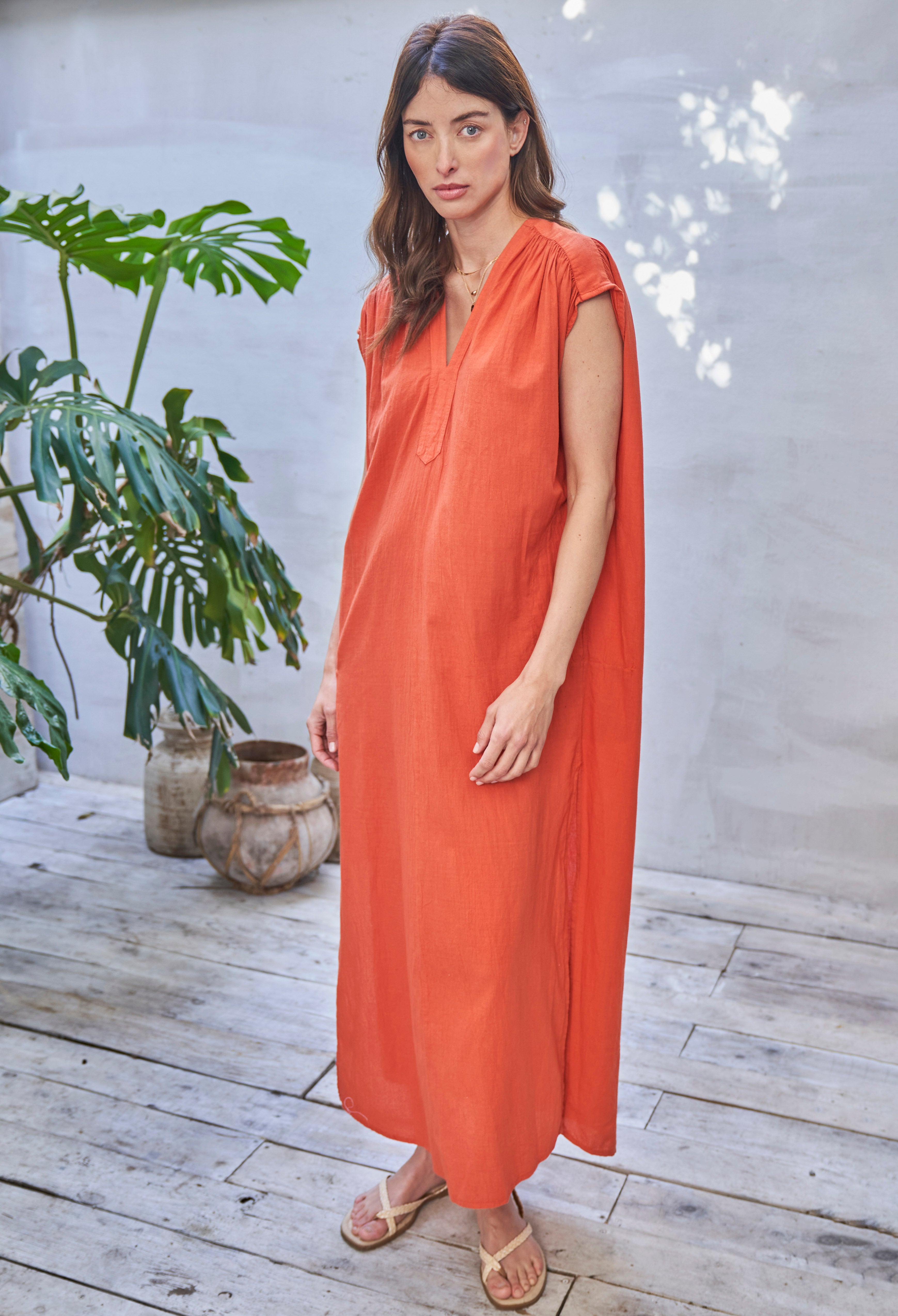 Saffron Sleeveless Long Rouched Shoulder Maxi Cotton Tunic