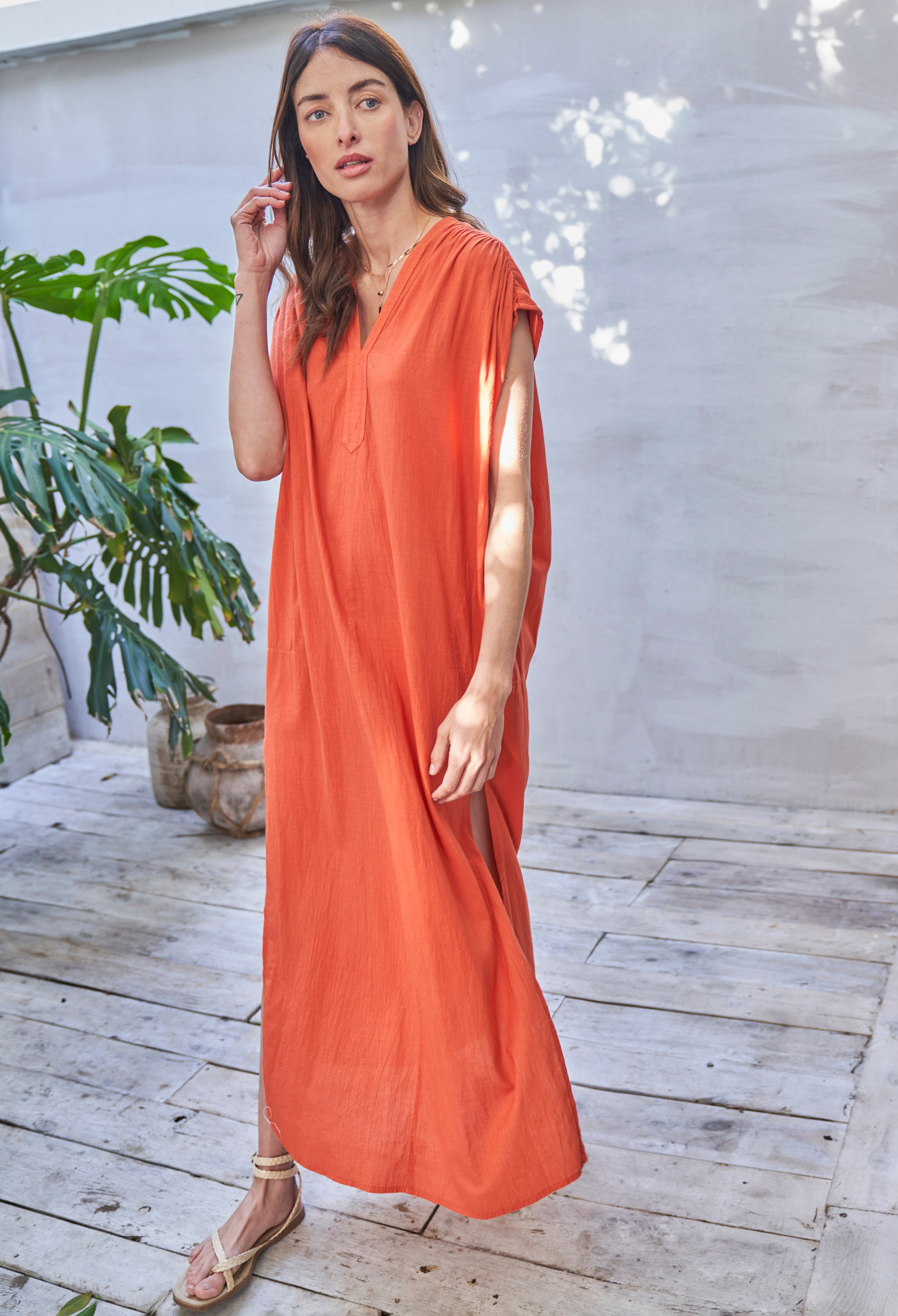 Saffron Sleeveless Long Rouched Shoulder Maxi Cotton Tunic