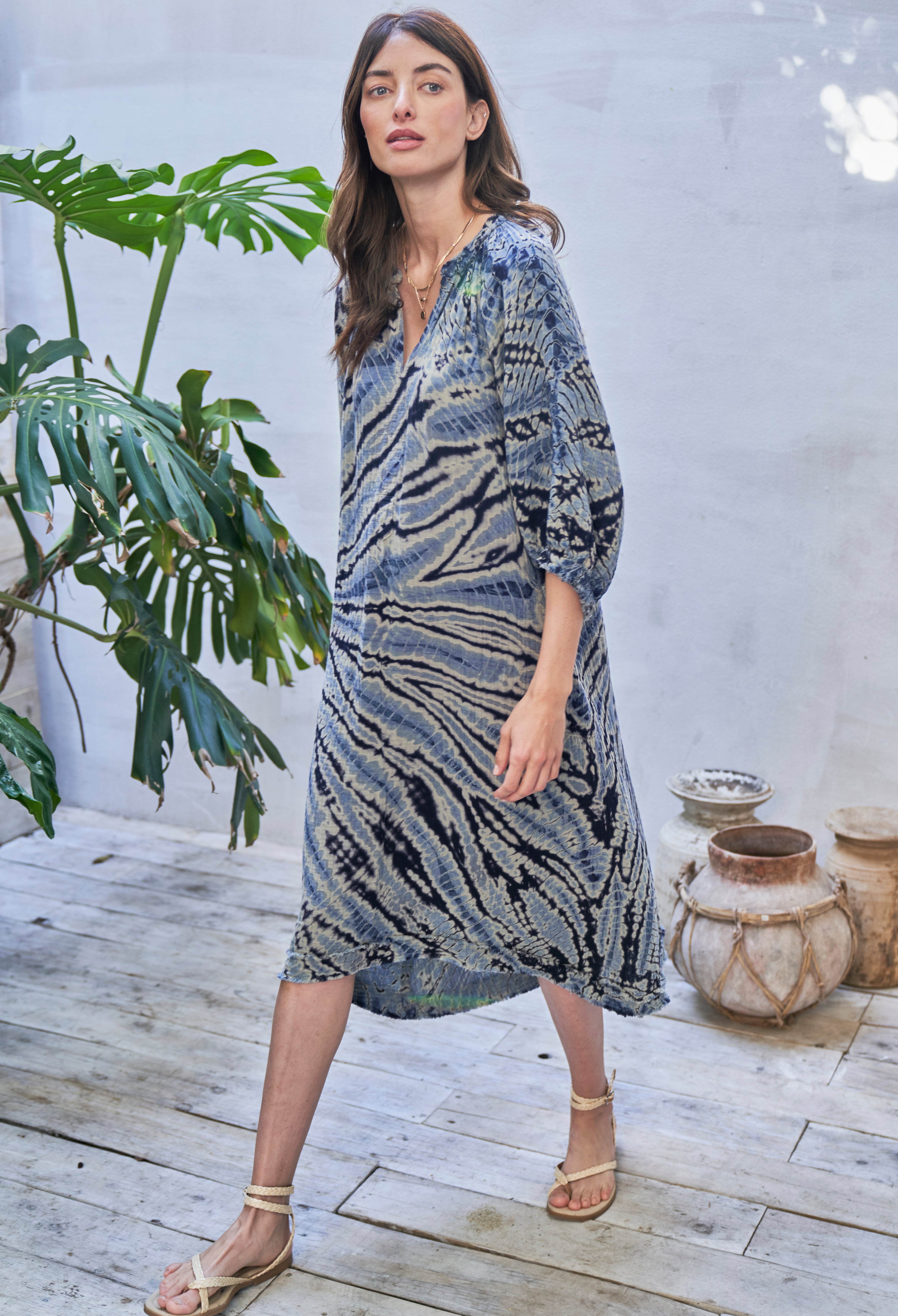 Blue Nautilus Gauze Dress with Pockets