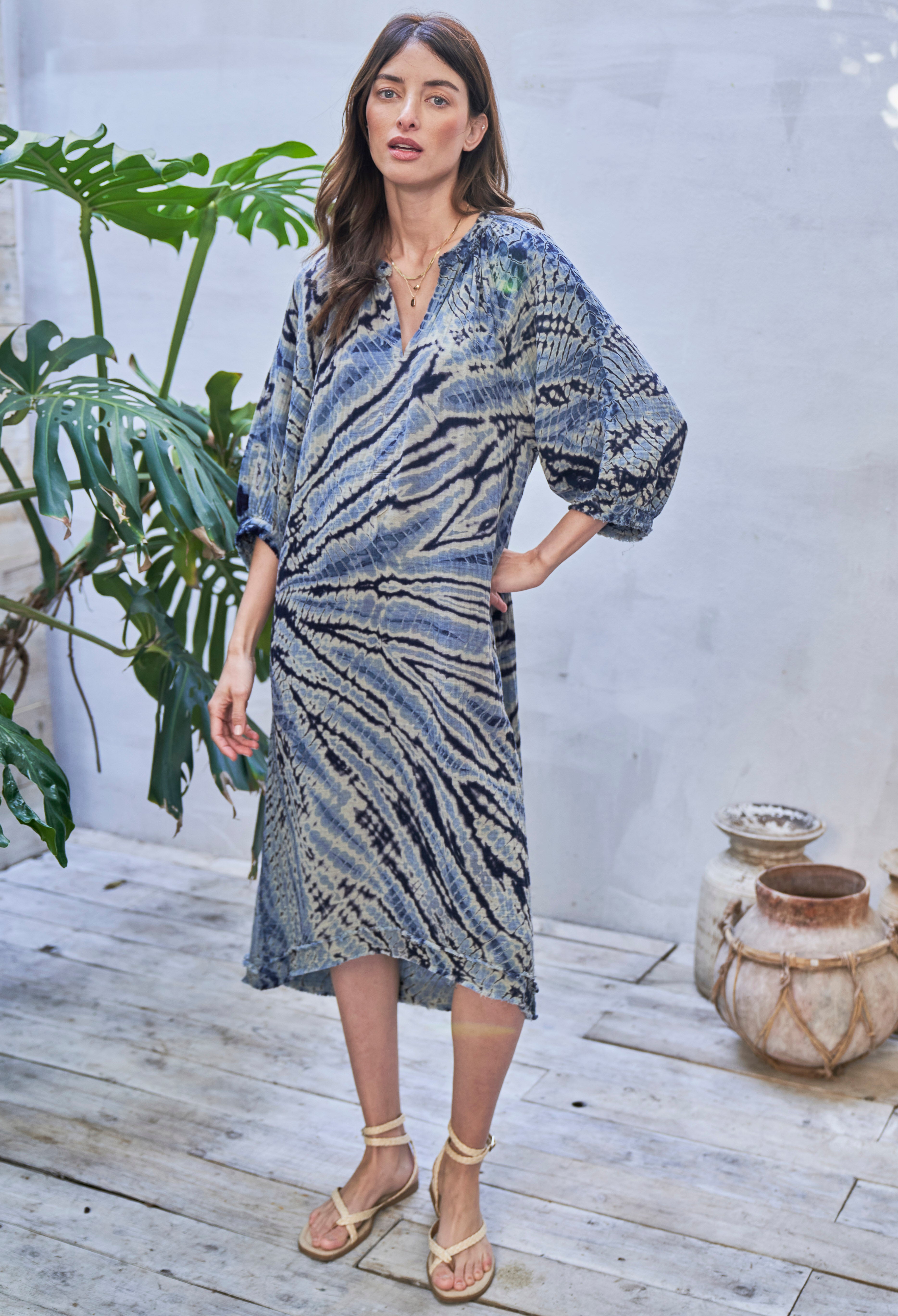 Blue Nautilus Gauze Dress with Pockets