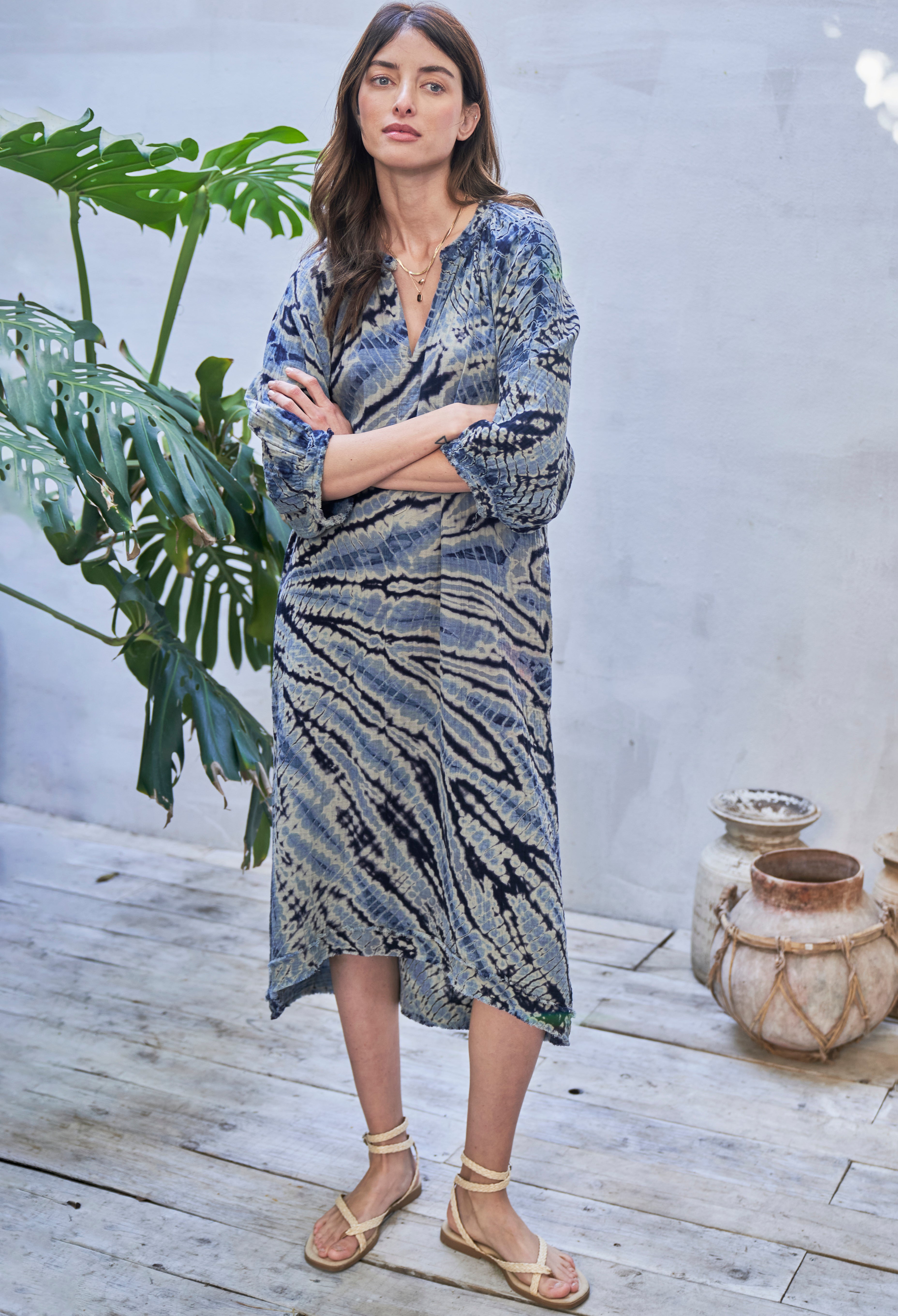 Blue Nautilus Gauze Dress with Pockets