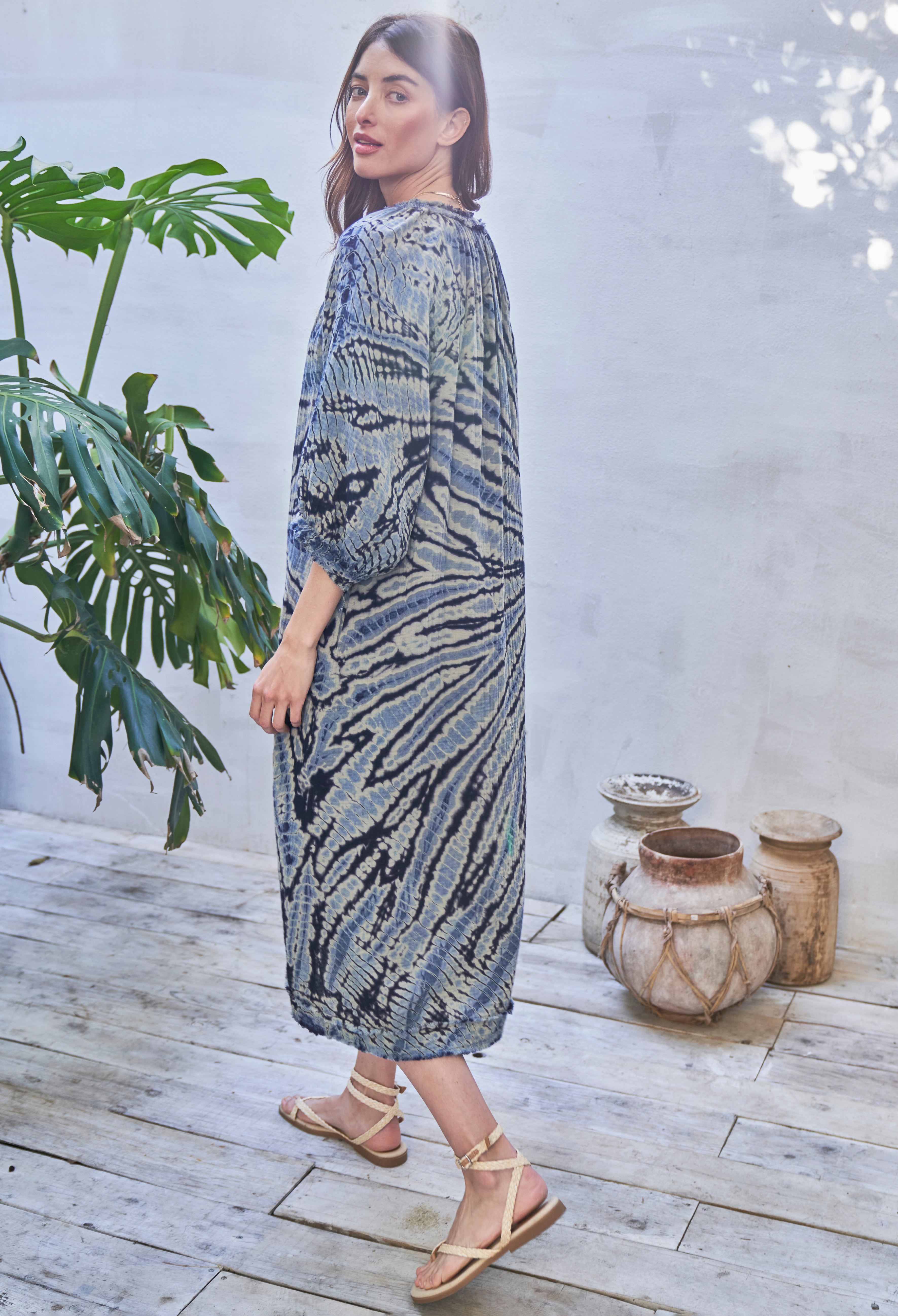 Blue Nautilus Gauze Dress with Pockets