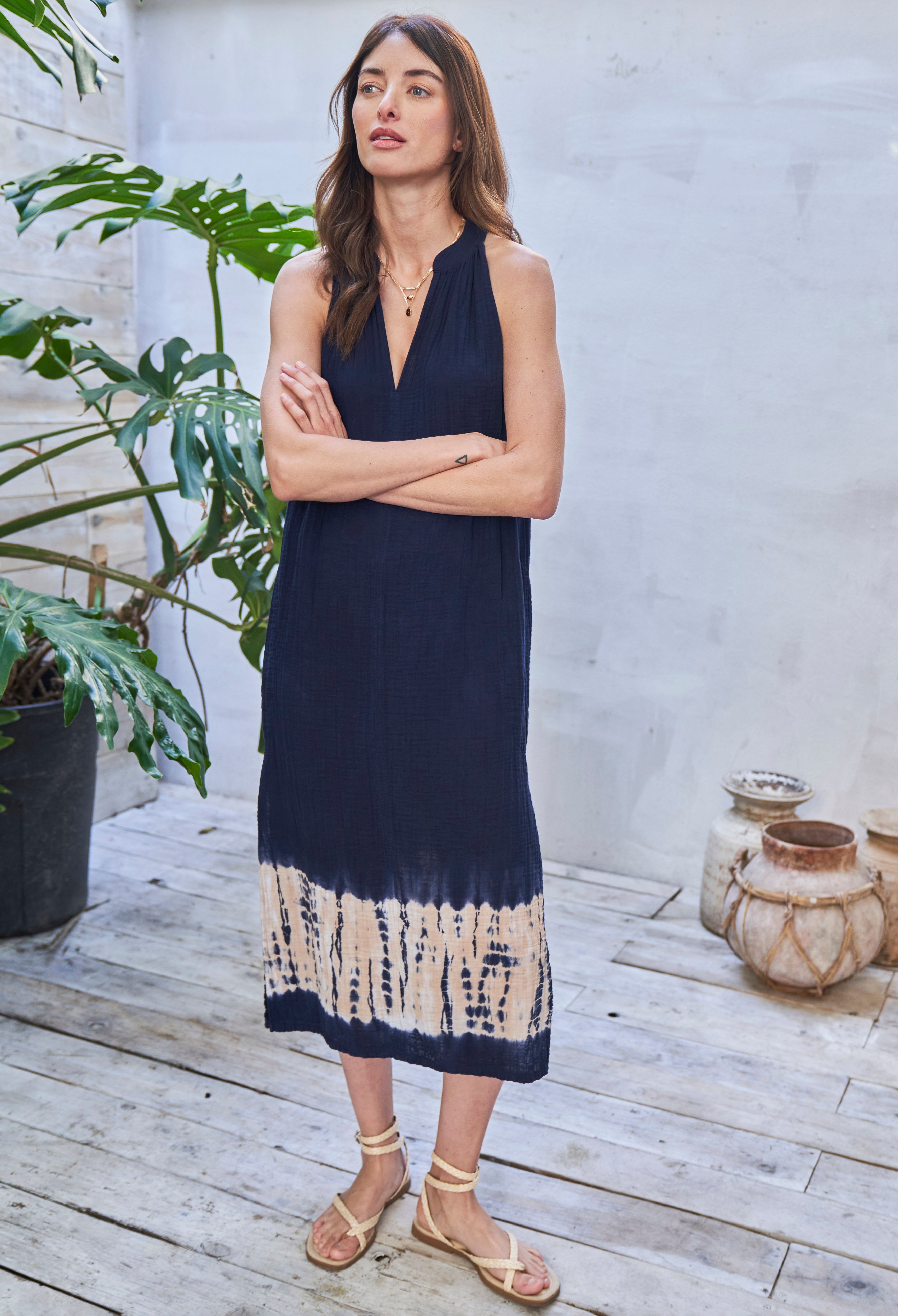 Sleeveless Navy Sedona Gauze Midi Dress with Pockets - Sale
