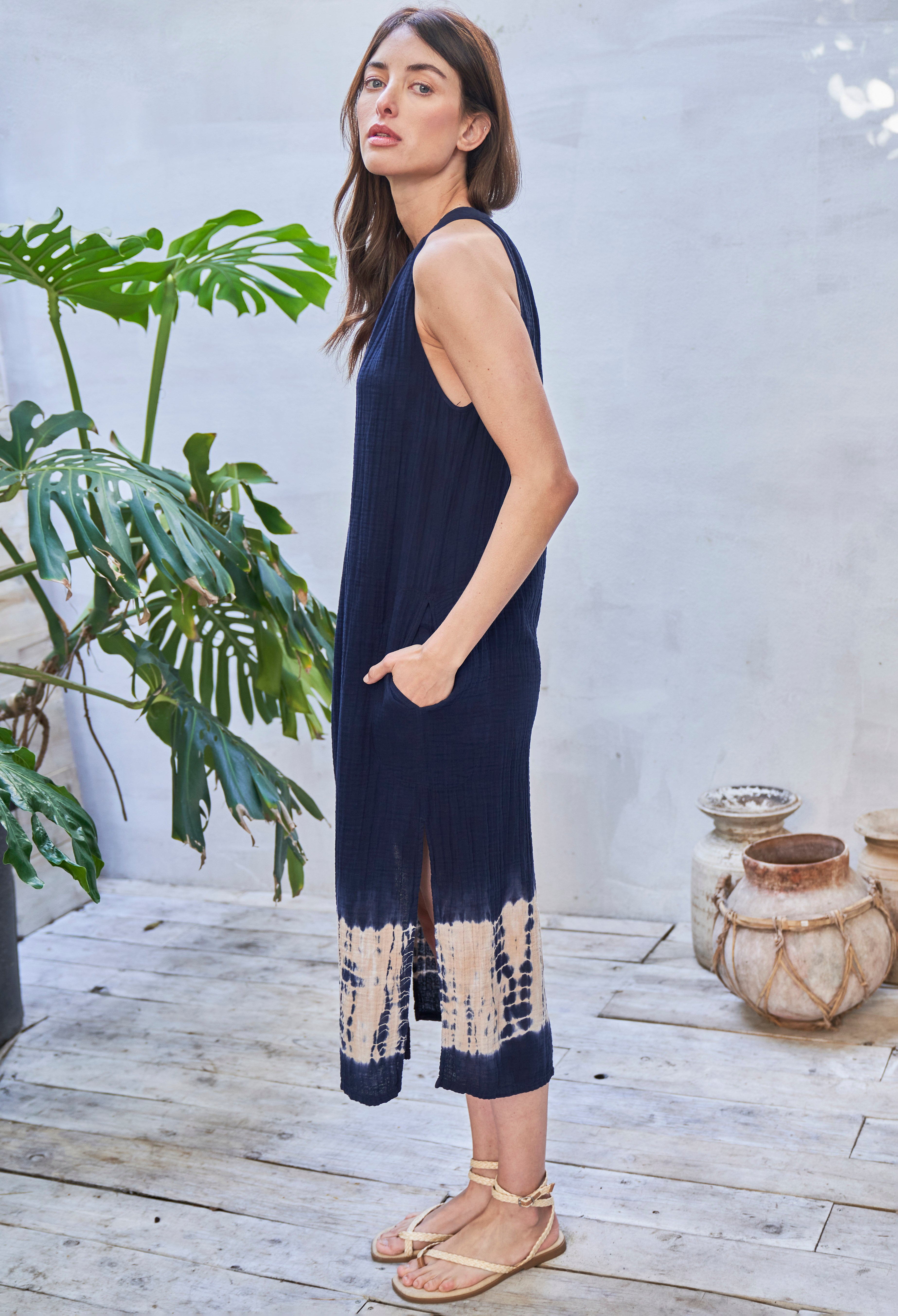 Sleeveless Navy Sedona Gauze Midi Dress with Pockets - Sale