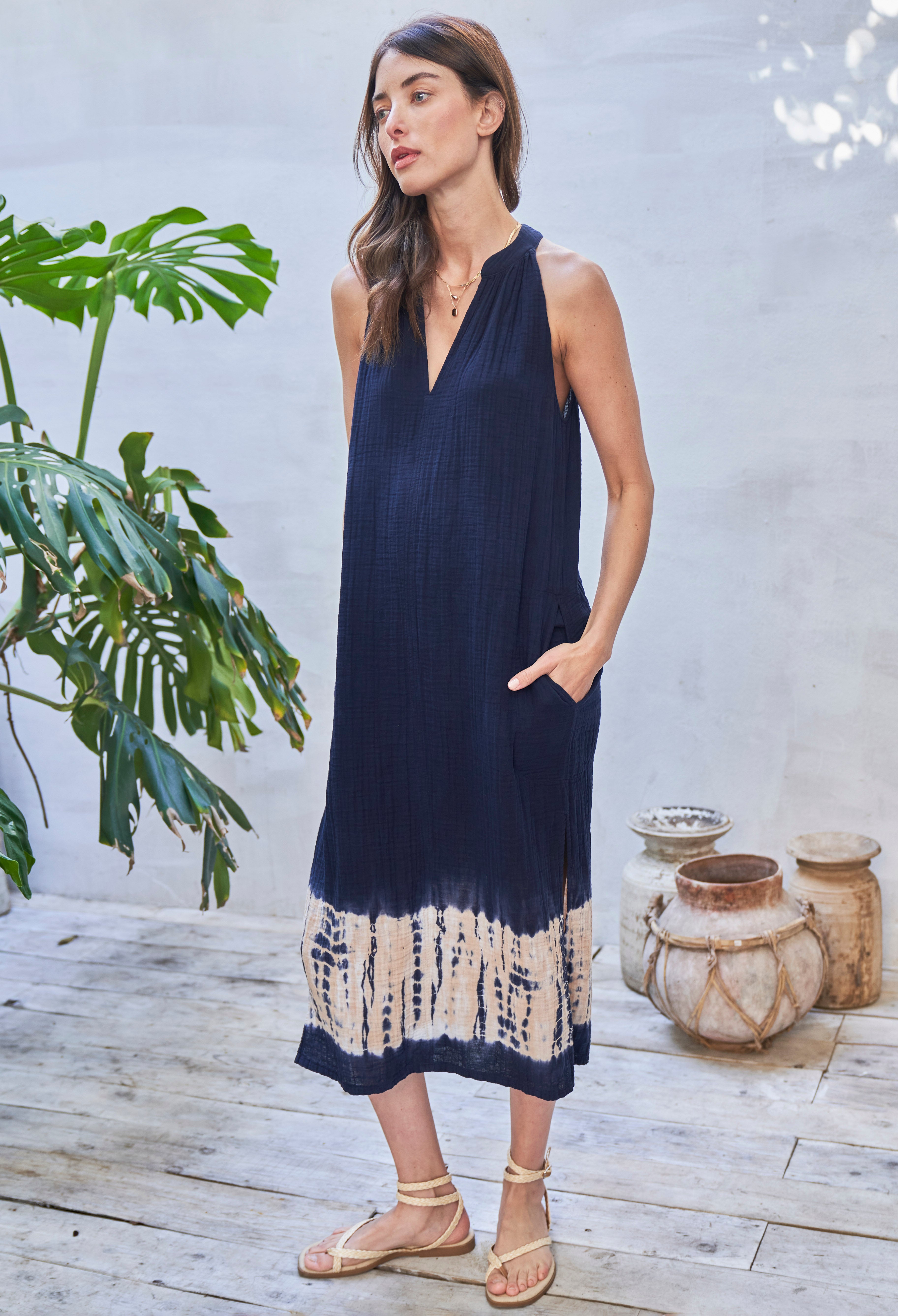 Sleeveless Navy Sedona Gauze Midi Dress with Pockets - Sale