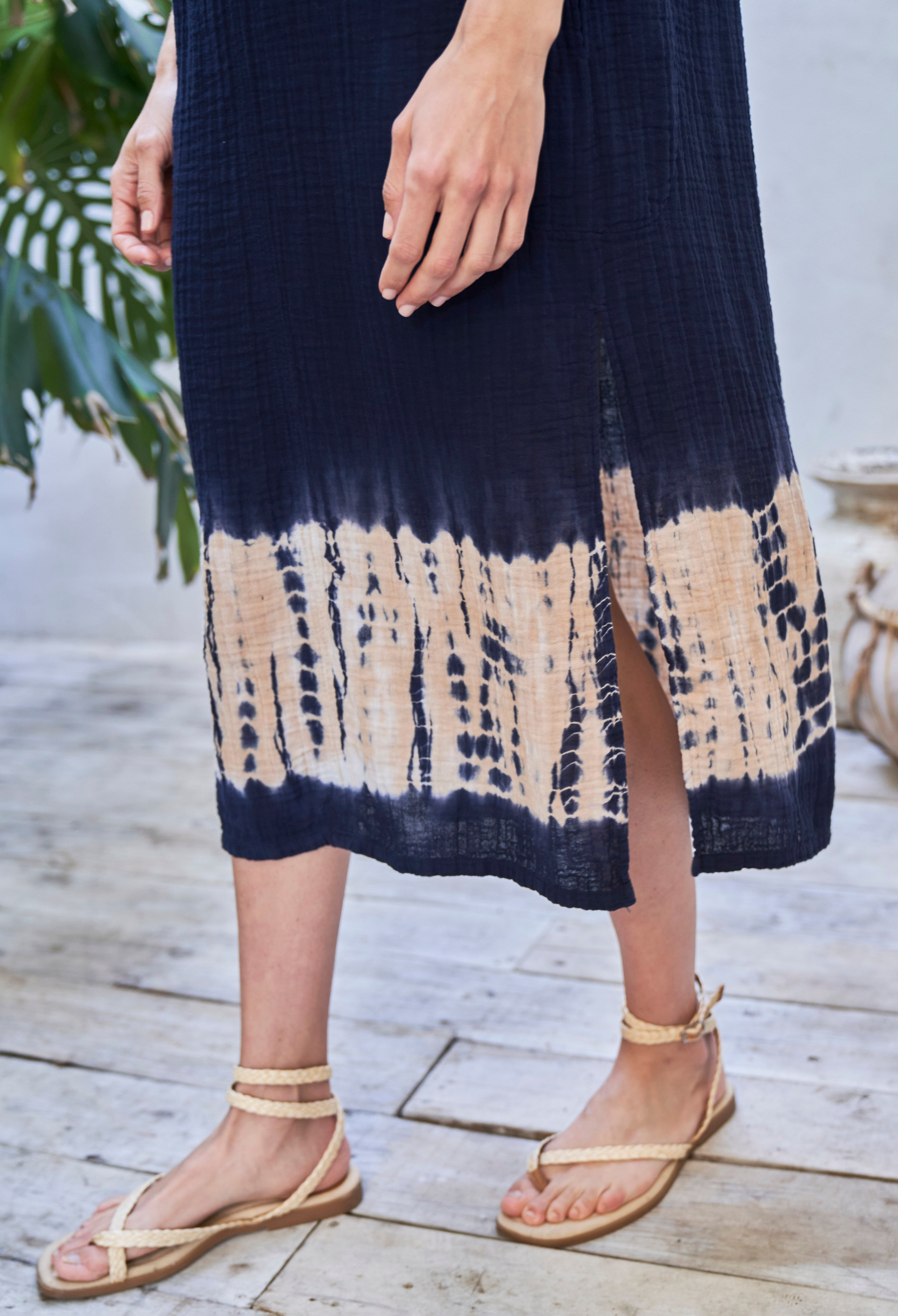 Sleeveless Navy Sedona Gauze Midi Dress with Pockets - Sale