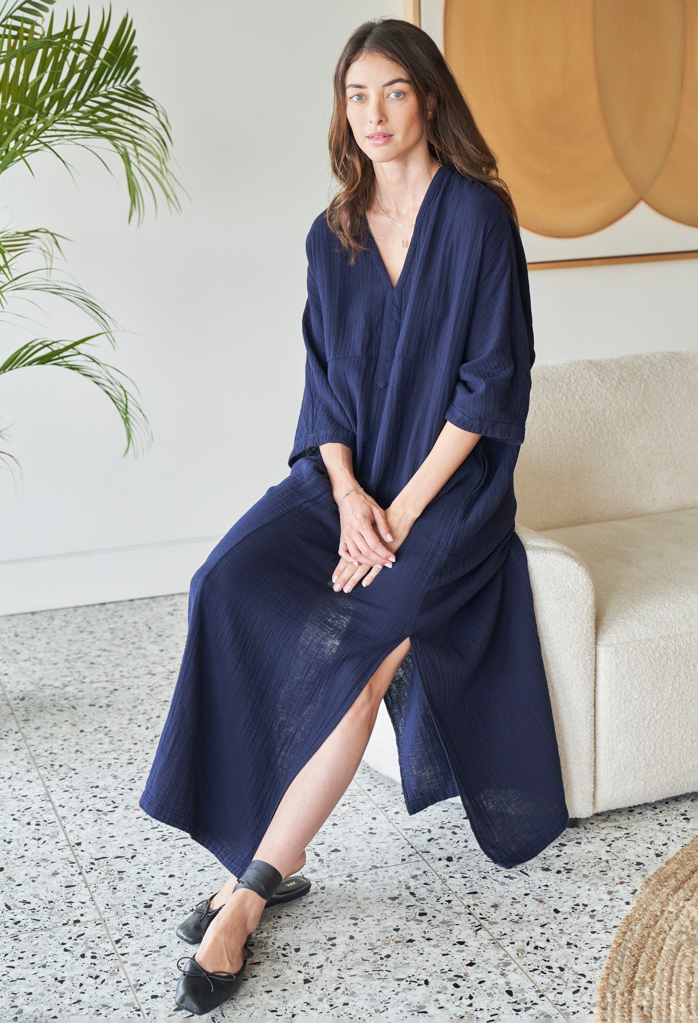 Navy Cotton Gauze Arc Seam Caftan