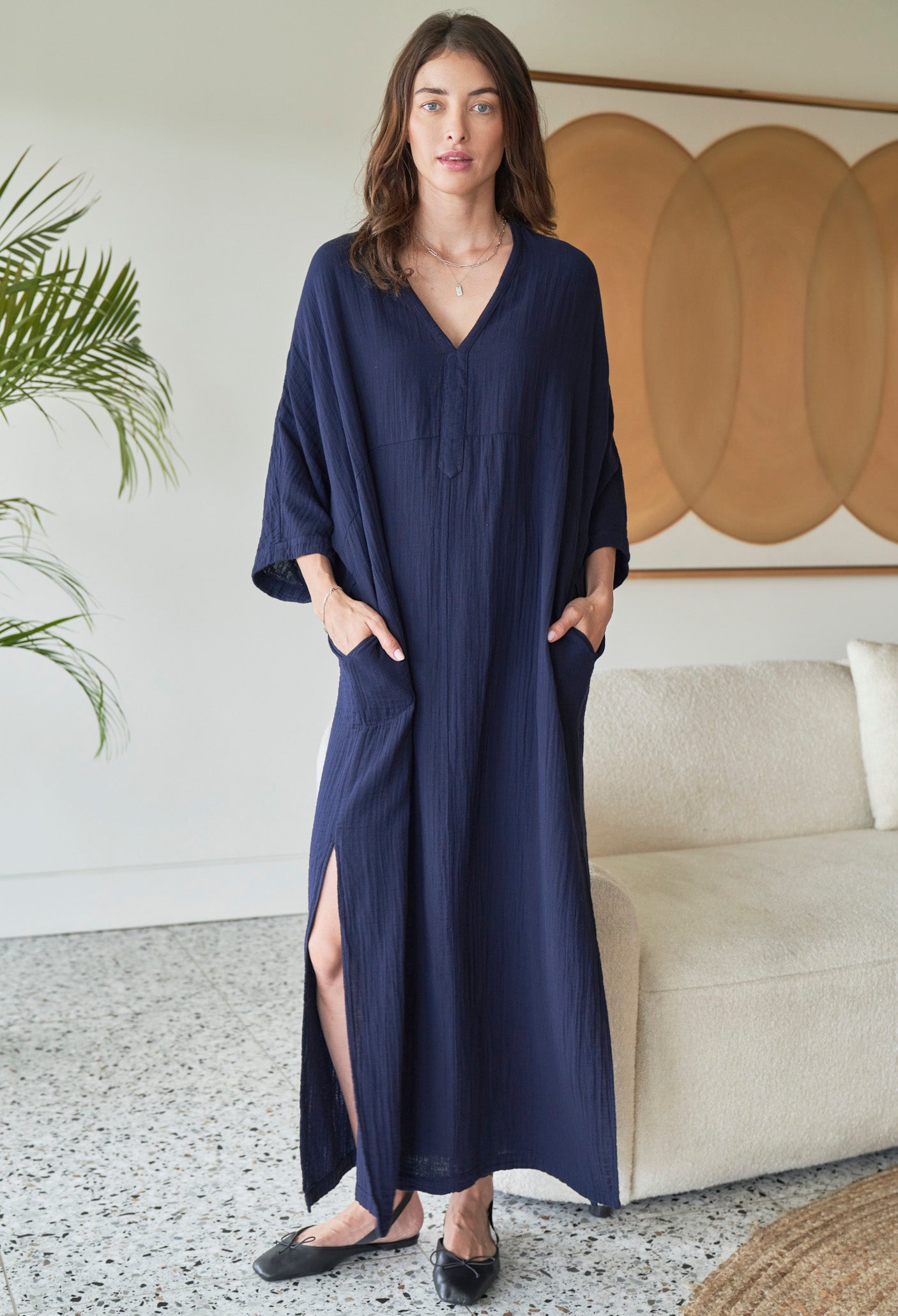 Navy Cotton Gauze Arc Seam Caftan