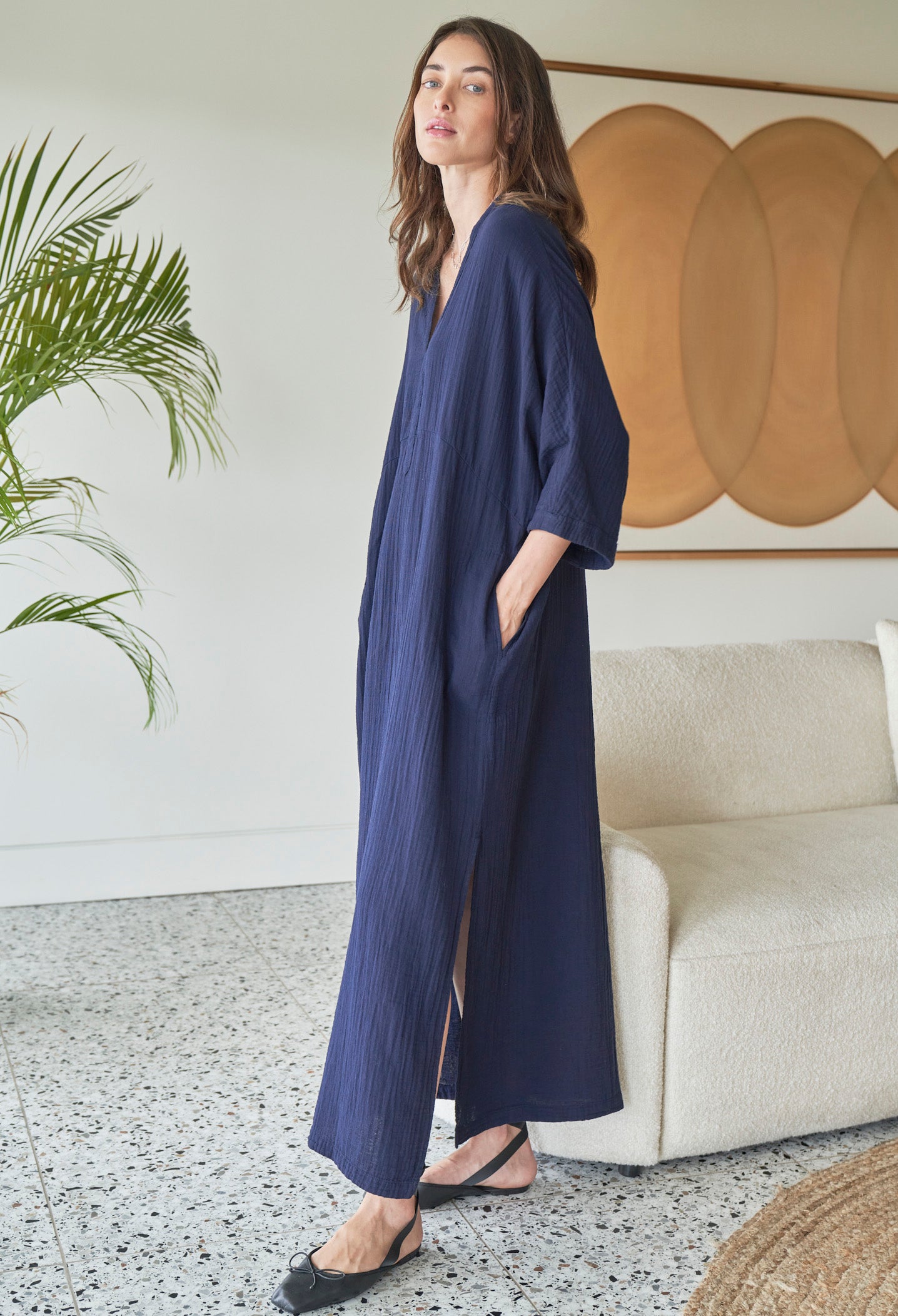 Navy Cotton Gauze Arc Seam Caftan