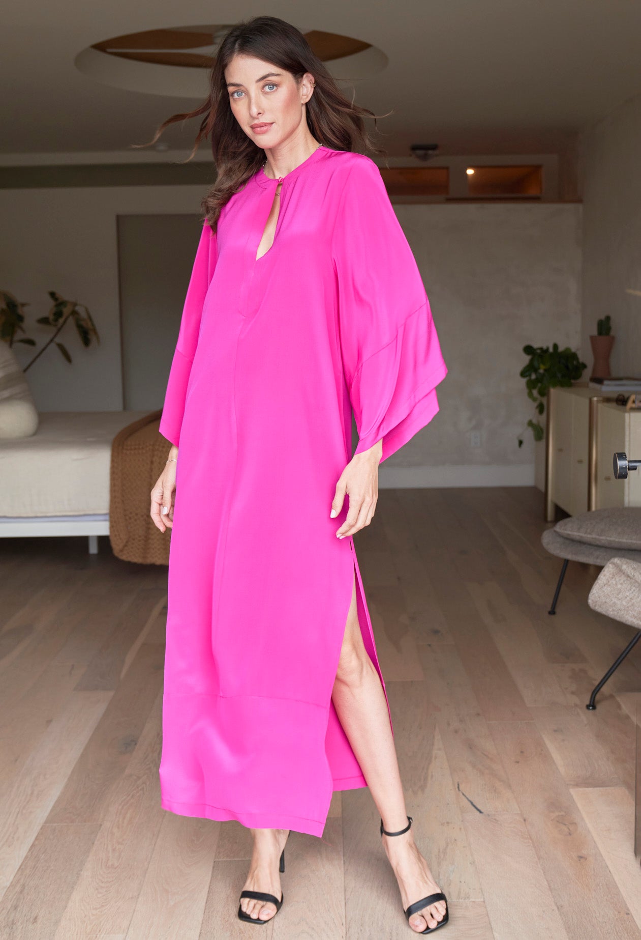 Kimono Sleeve Silk Tunic Dress with Keyhole Neckline - Fuchsia