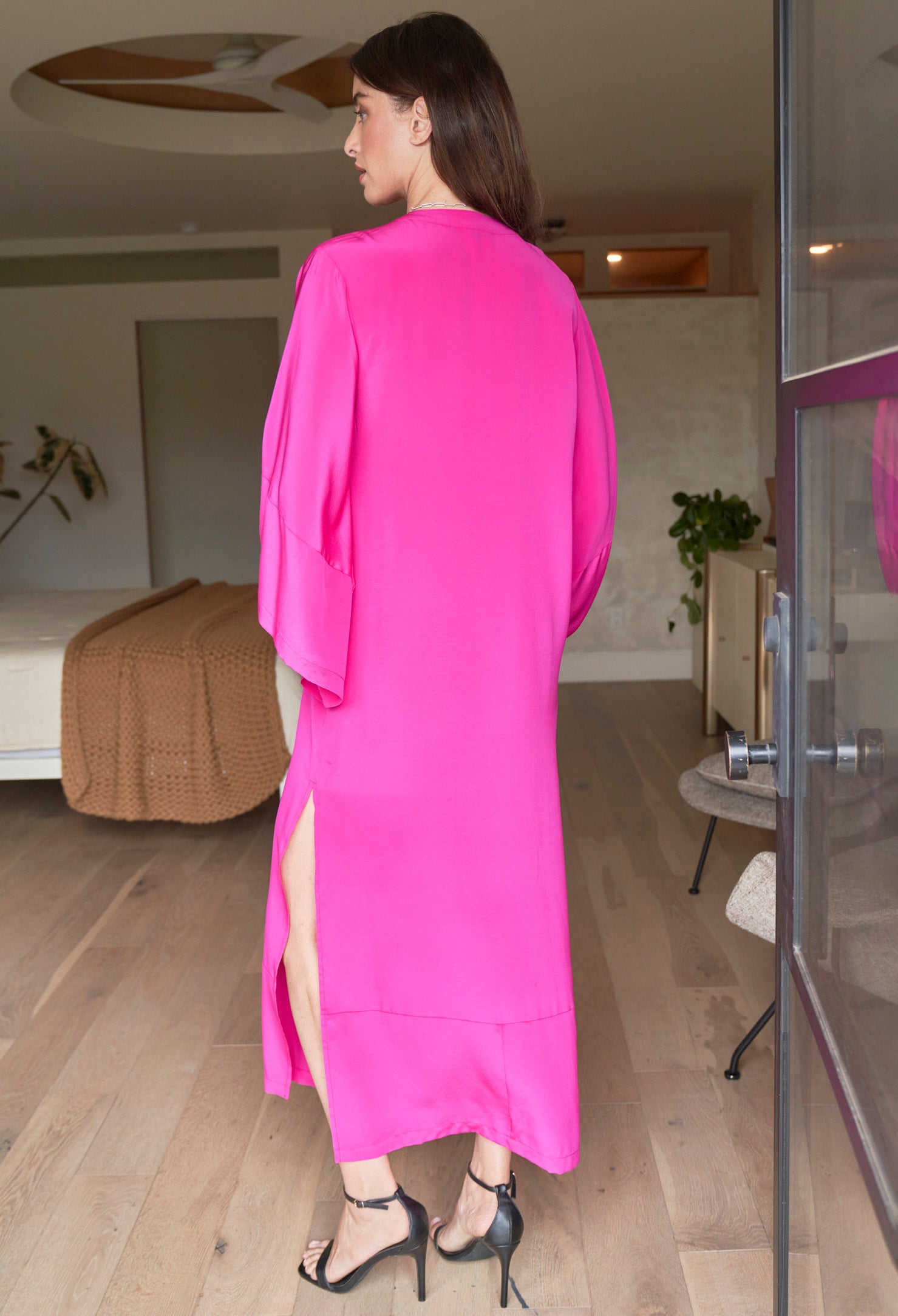 Kimono Sleeve Silk Tunic Dress with Keyhole Neckline - Fuchsia