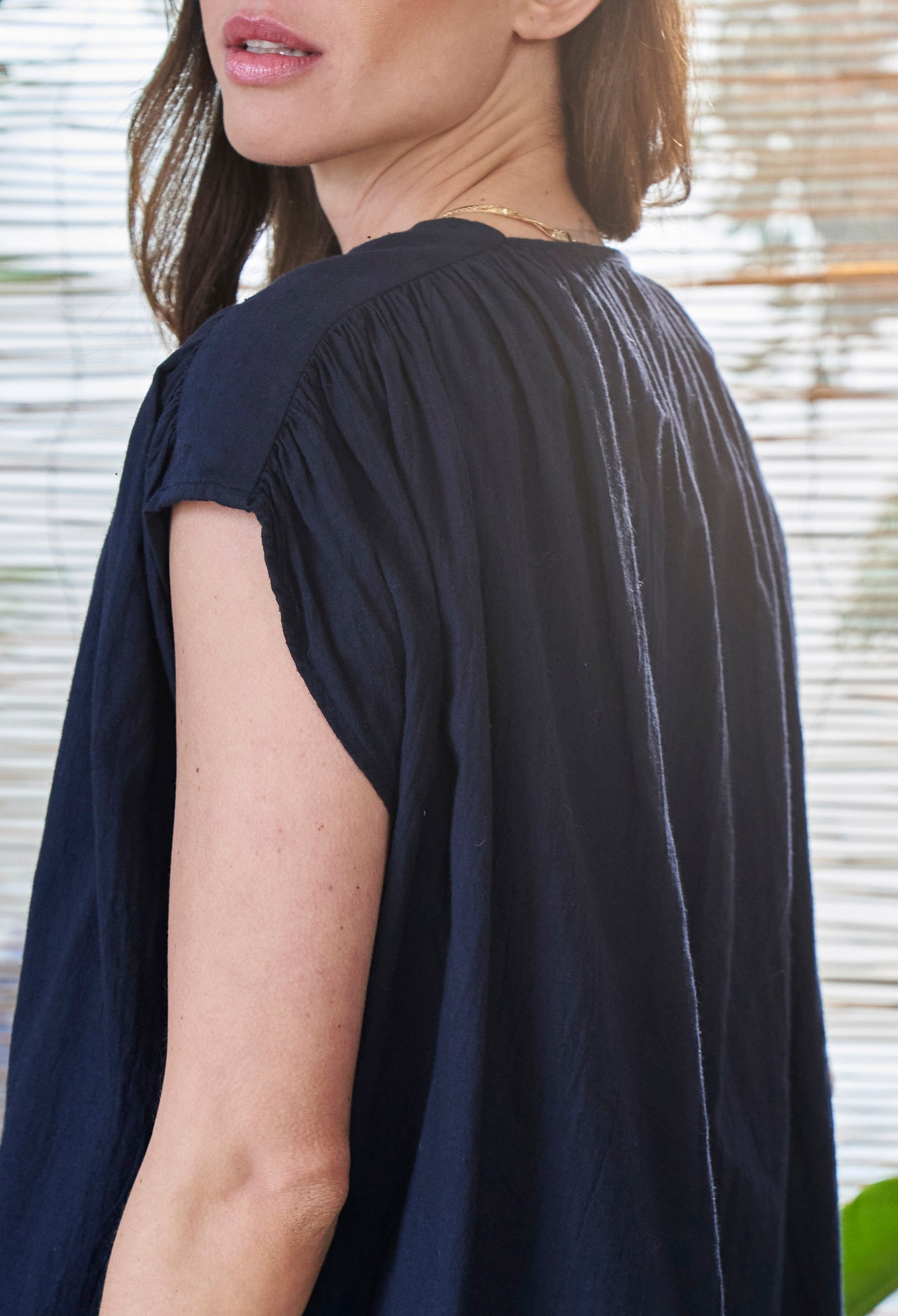 Navy Rouched Shoulder Sleeveless Cotton Top
