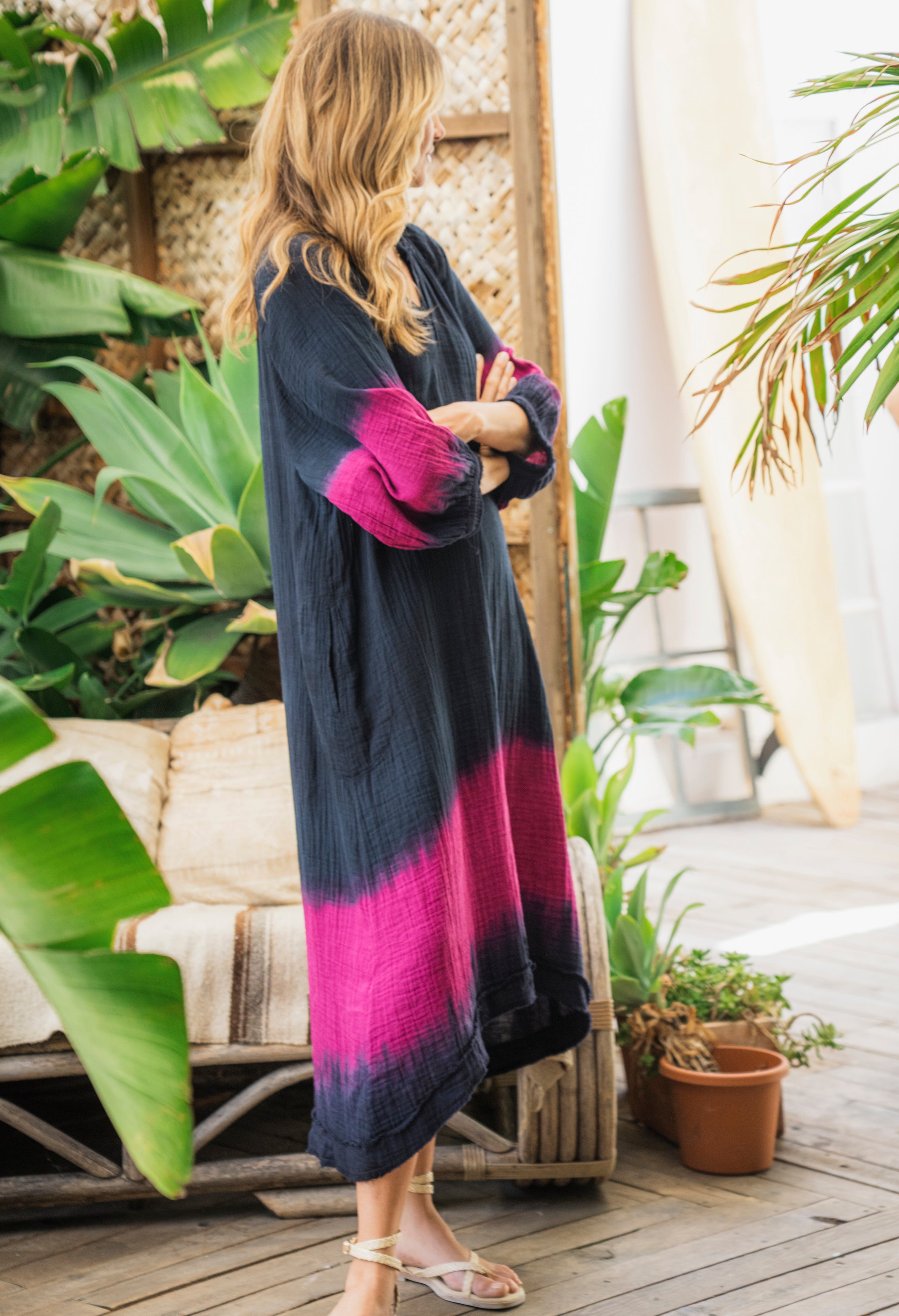 Navy and Fuchsia Gauze Dress with Pockets