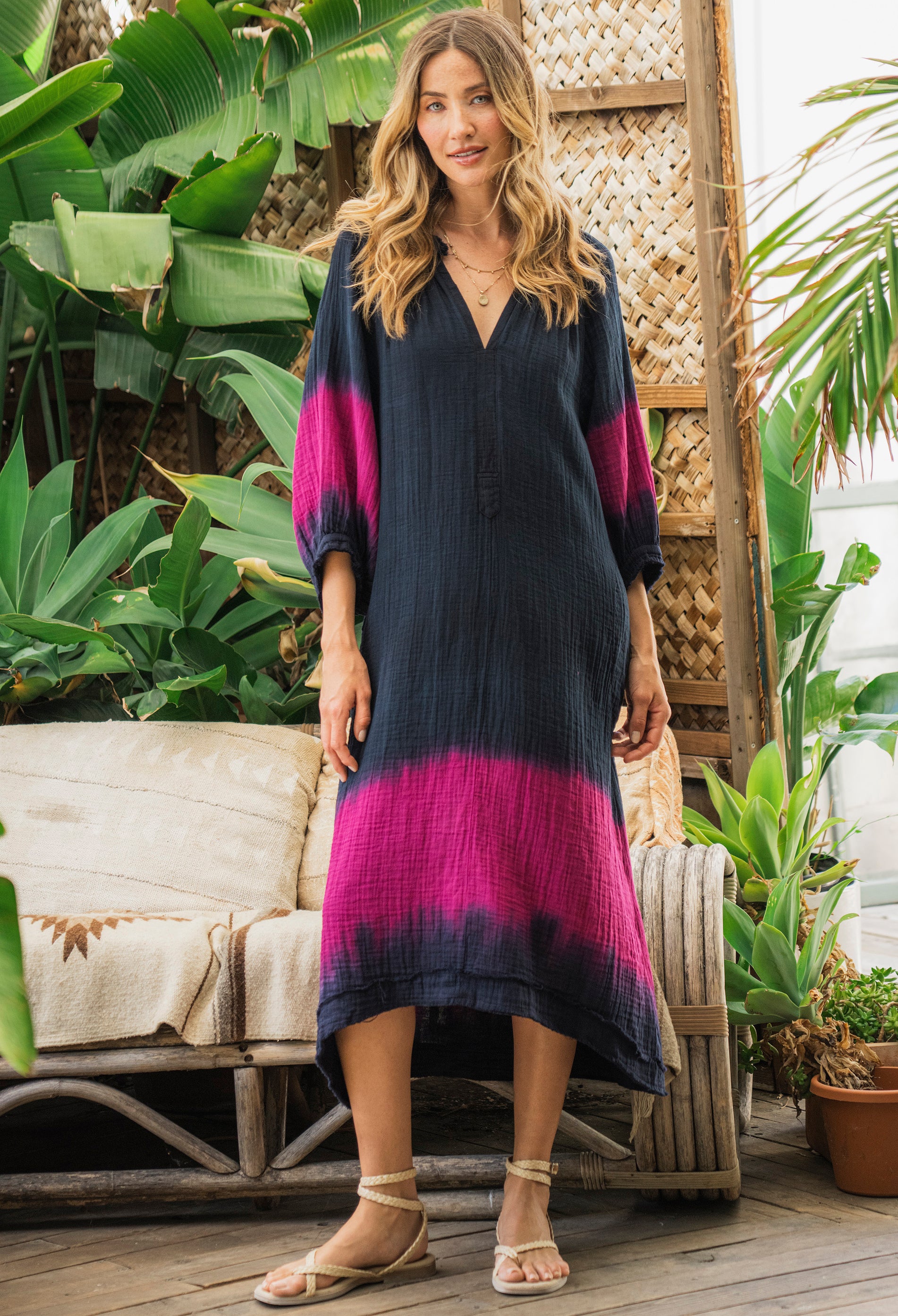 Navy and Fuchsia Gauze Dress with Pockets