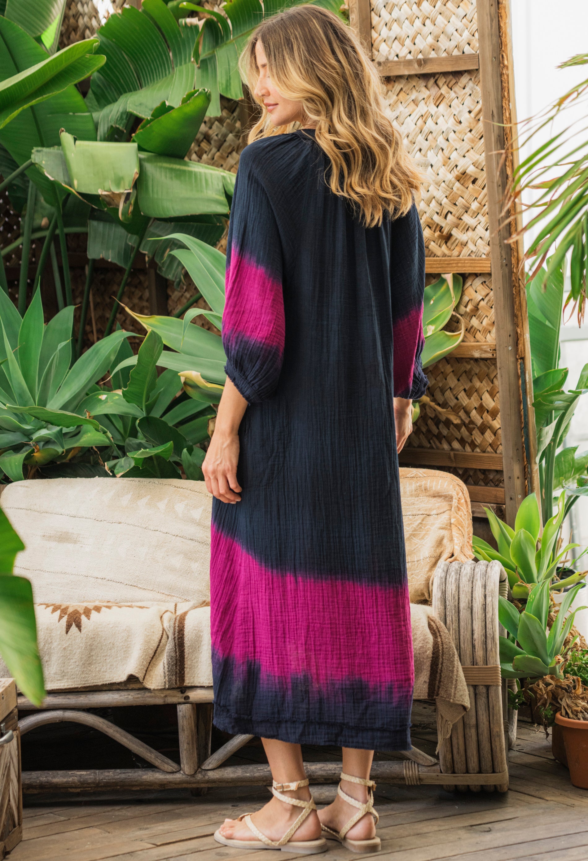 Navy and Fuchsia Gauze Dress with Pockets