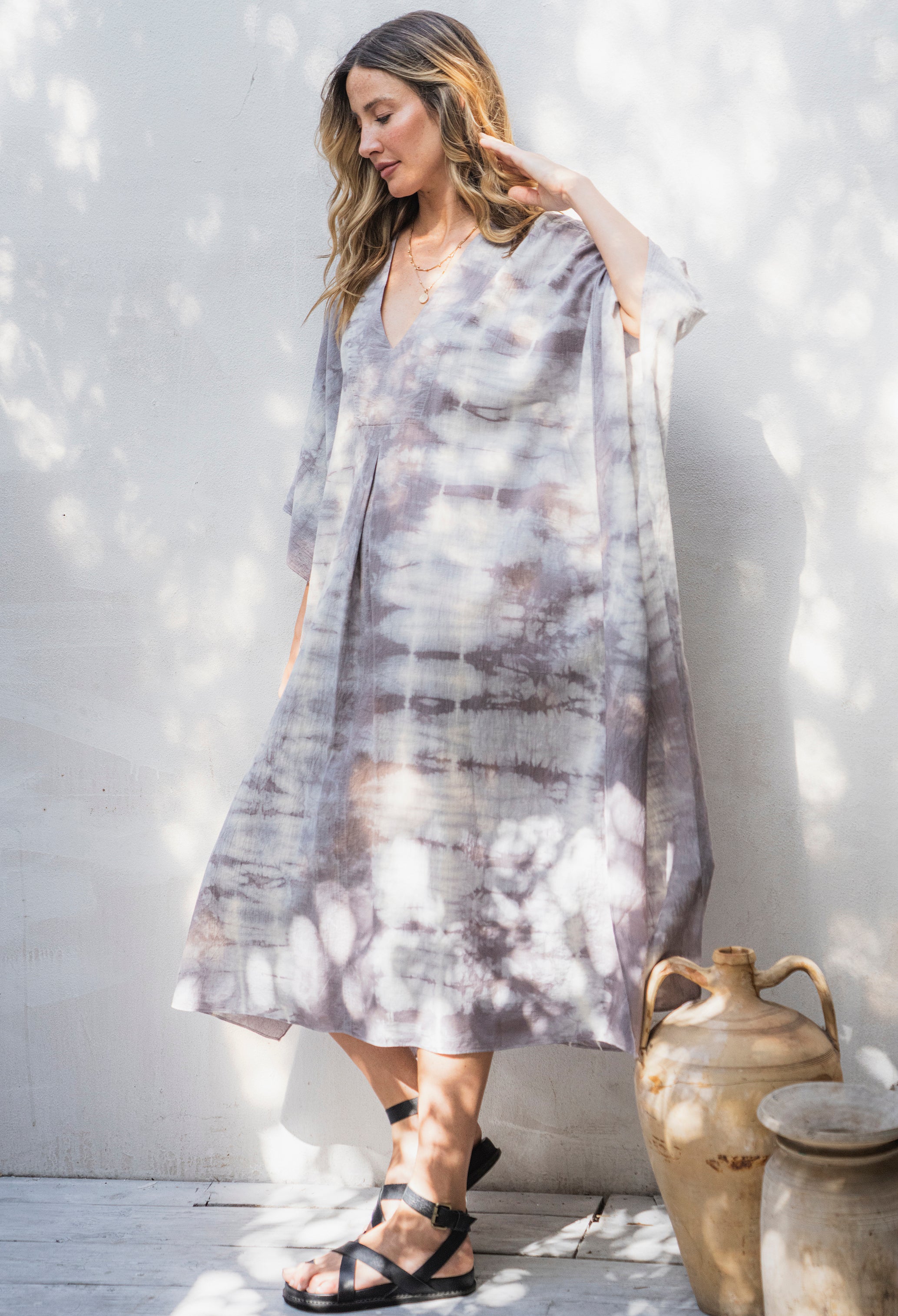 Grey and Ivory Tie Dye Cotton Midi Caftan