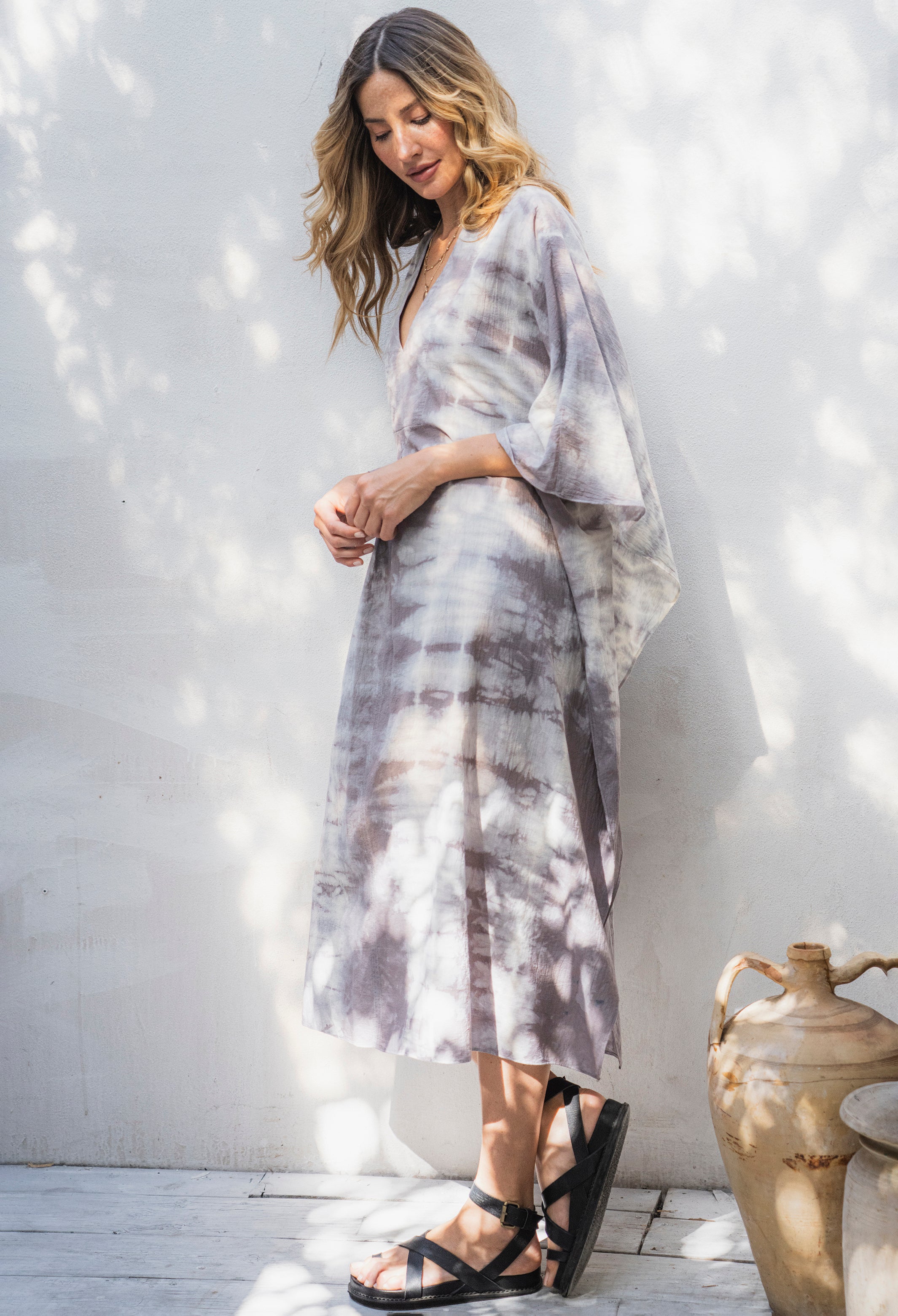 Grey and Ivory Tie Dye Cotton Midi Caftan