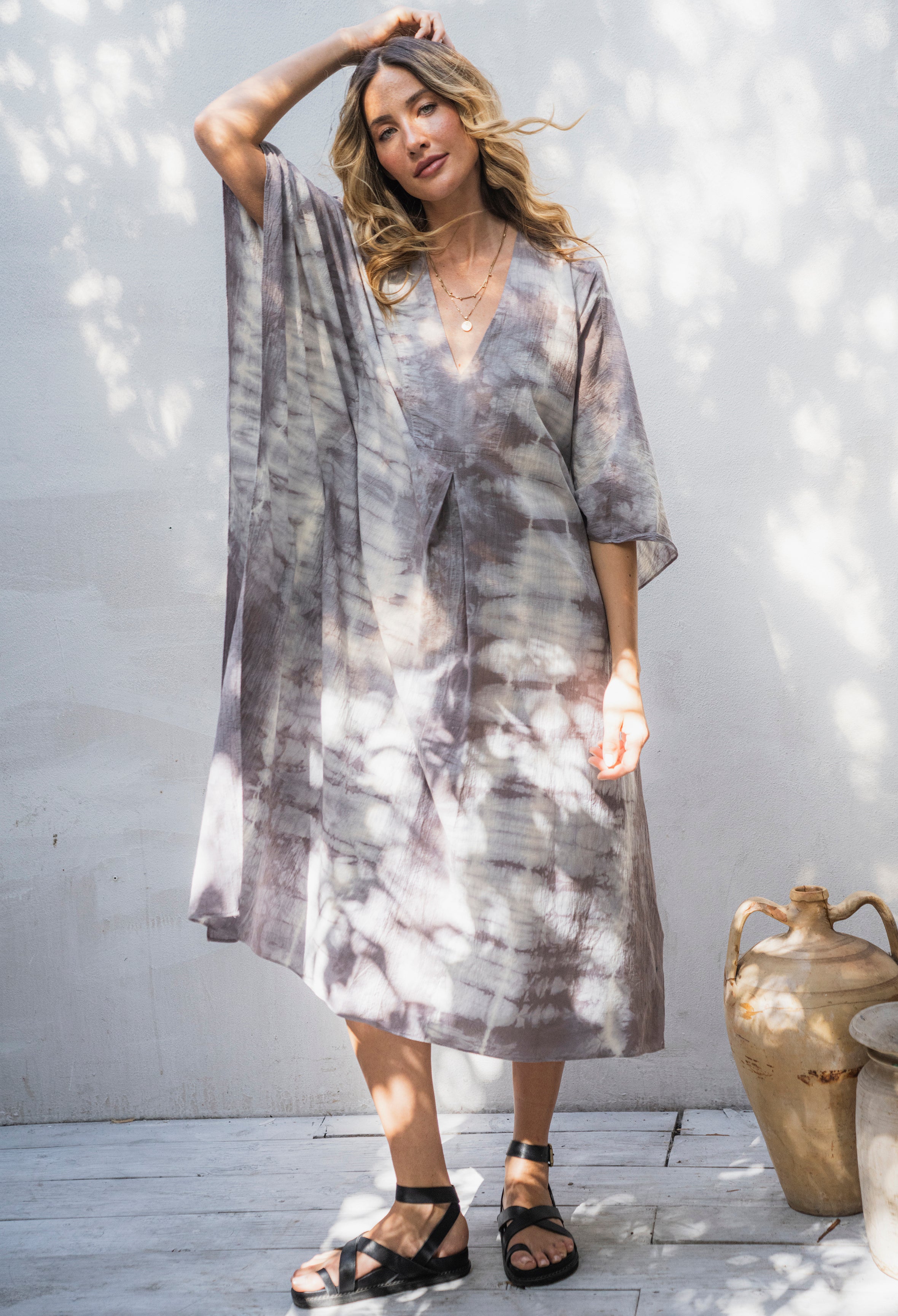 Grey and Ivory Tie Dye Cotton Midi Caftan
