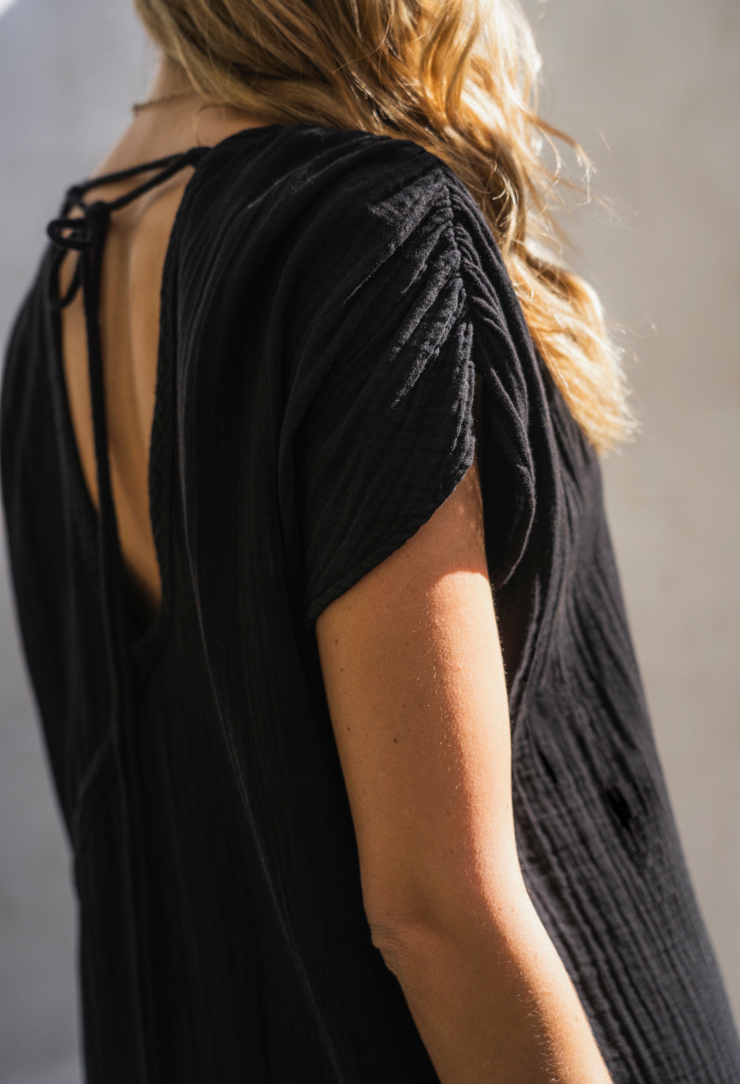 Black Gathered Shoulder Tie Back Long Tunic