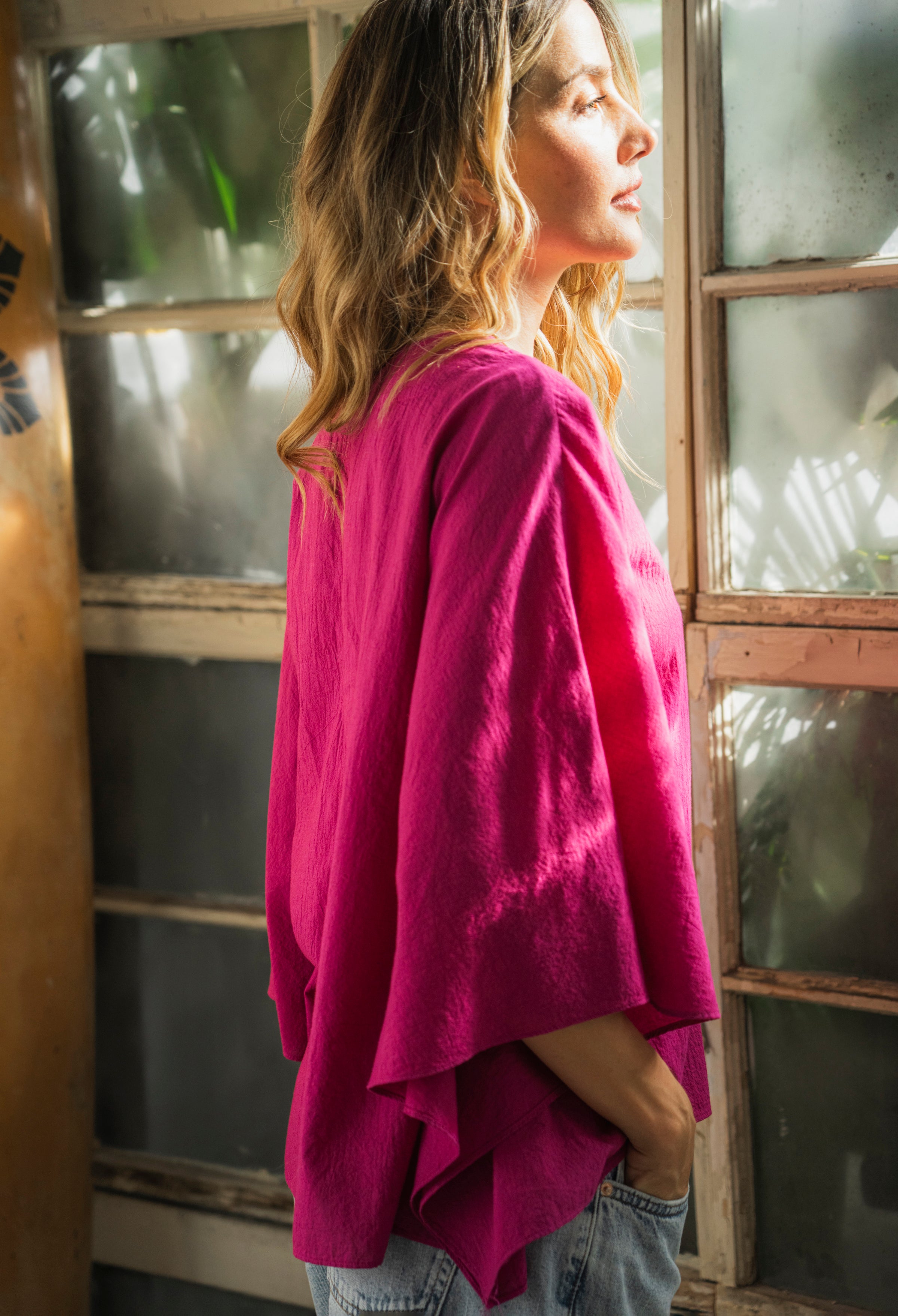 Butterfly Sleeve Fuchsia Cotton Caftan Top
