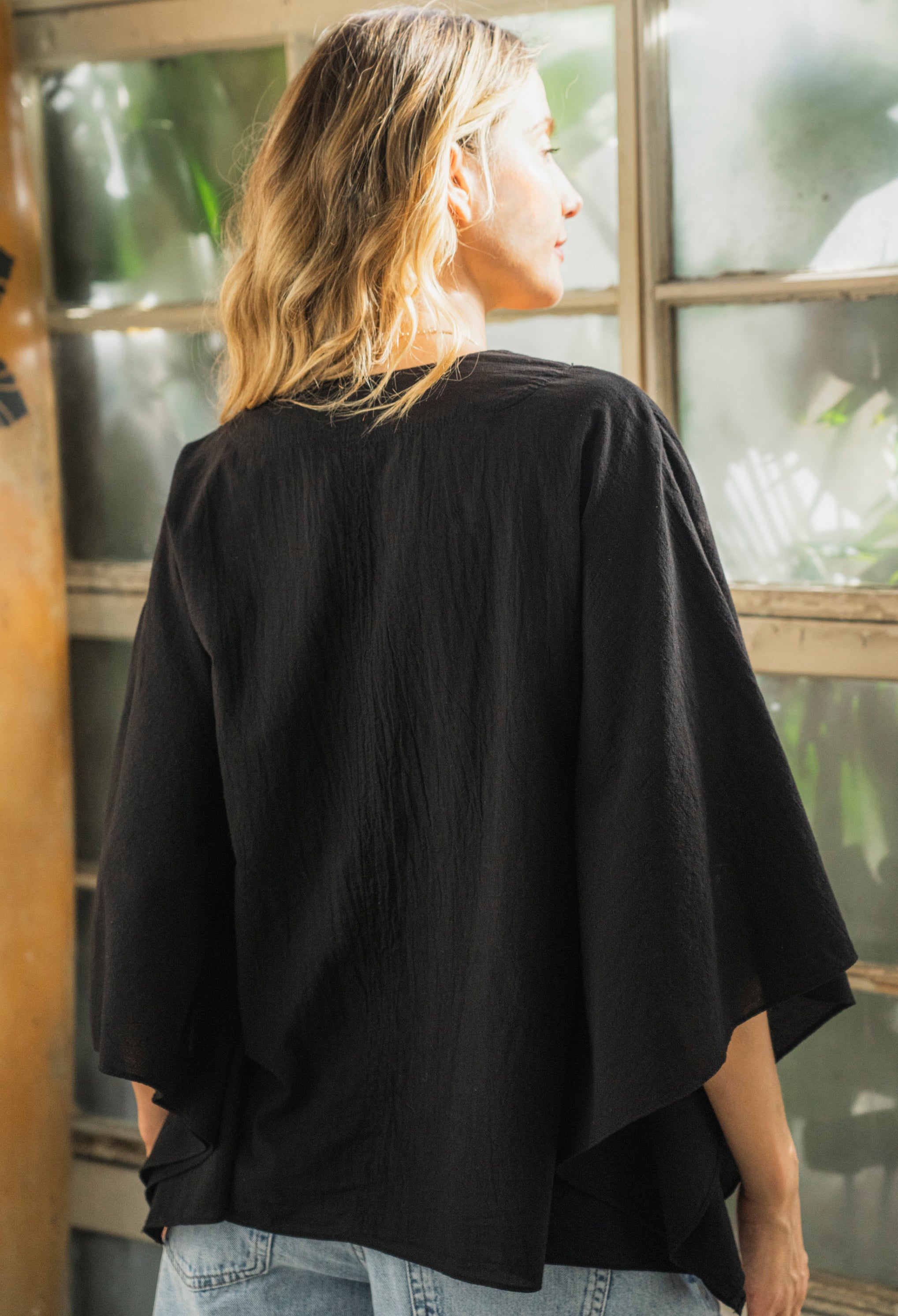 Butterfly Sleeve Black Cotton Caftan Top