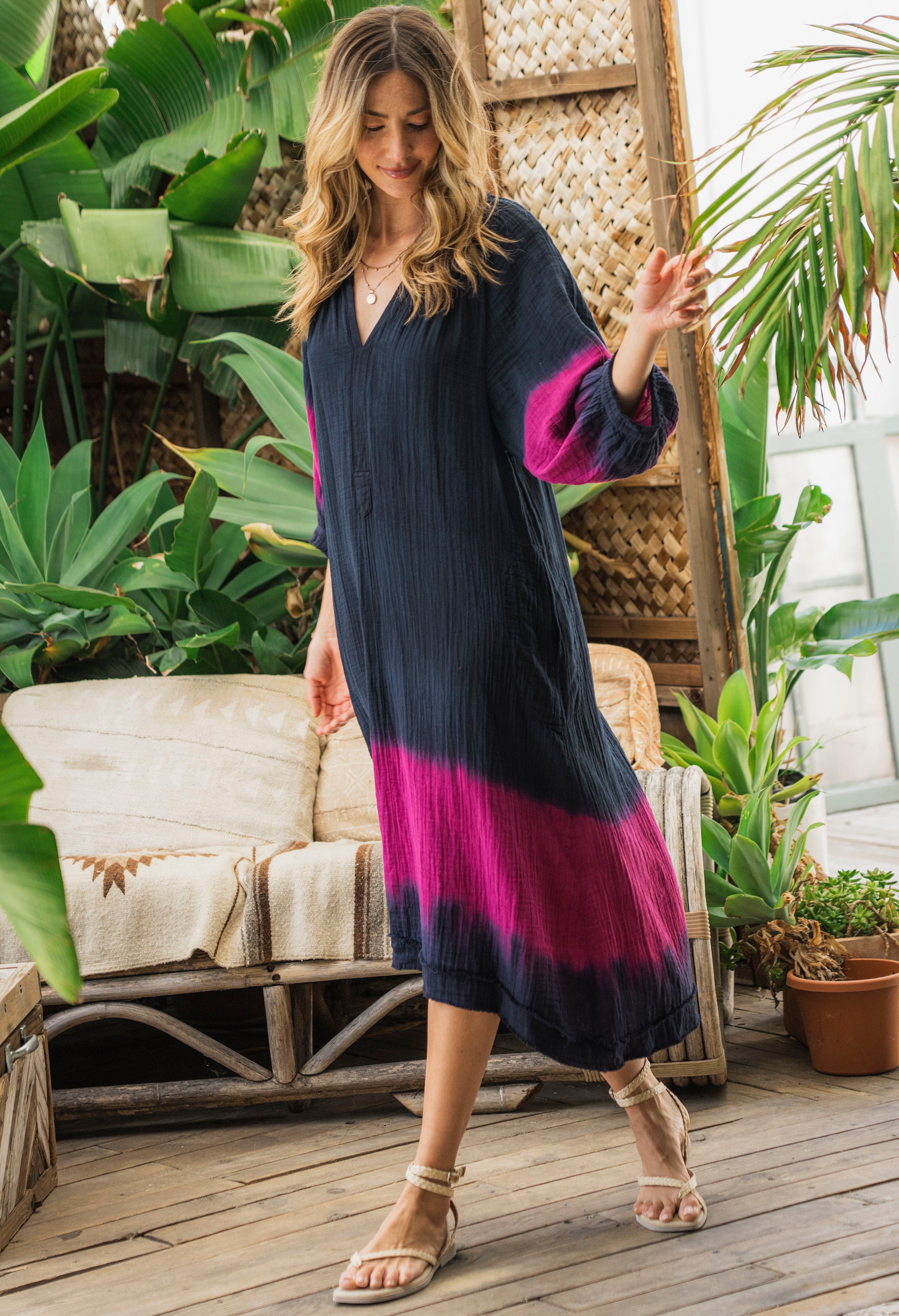 Navy and Fuchsia Gauze Dress with Pockets
