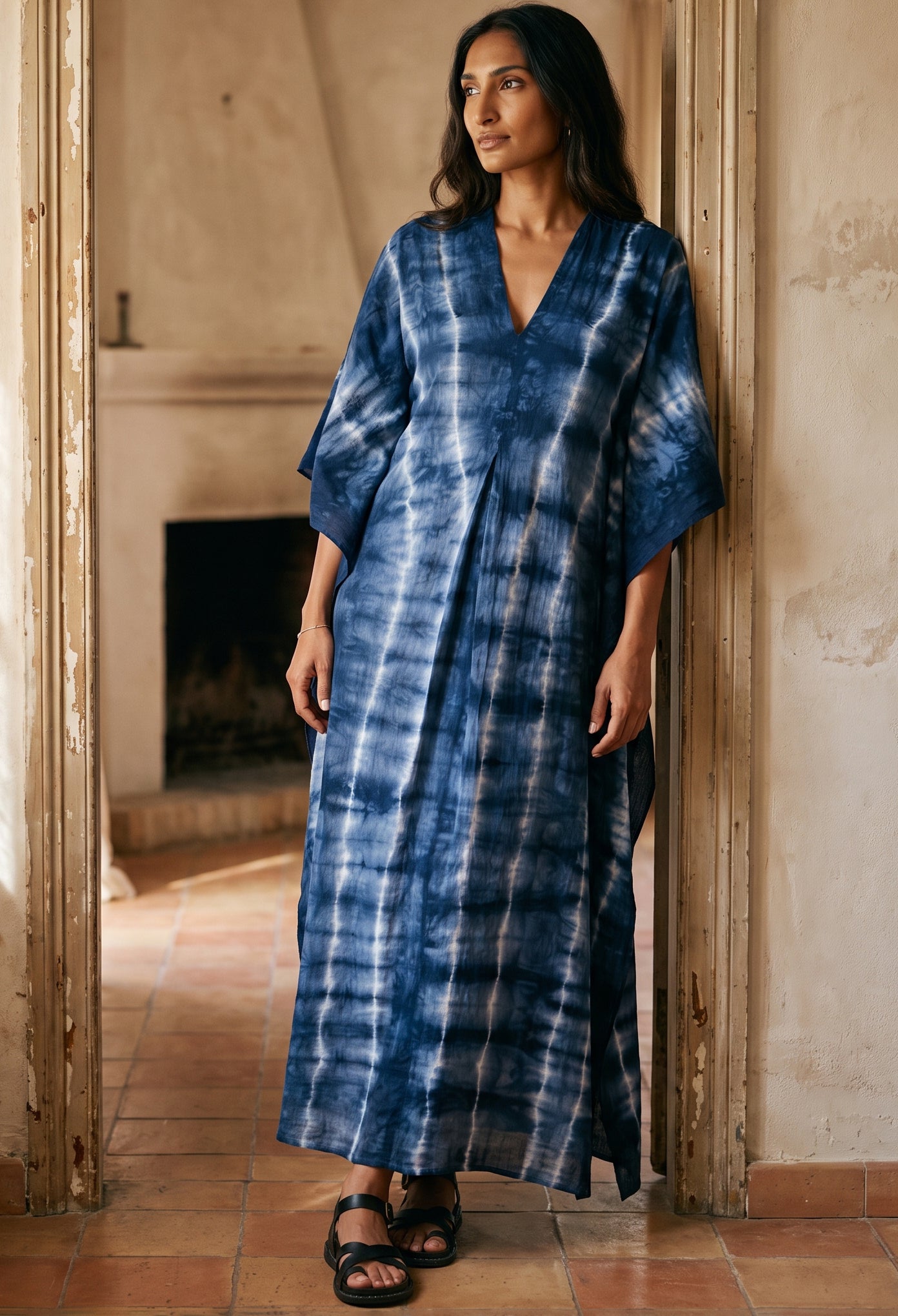 Long Navy Tie Dye Maxi Cotton Classic Caftan